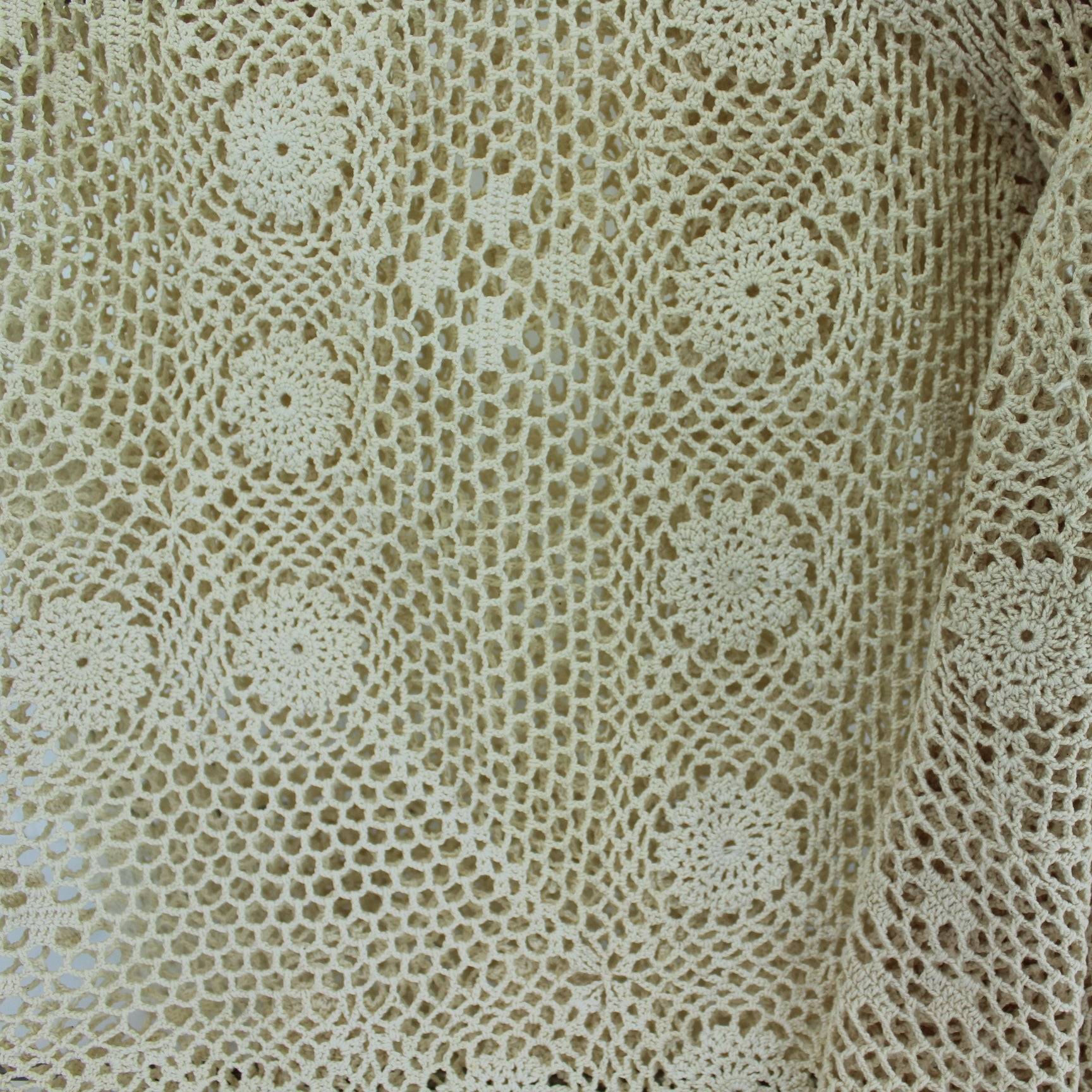 Pair Crochet Doilies Tablecloths Ecru Heavy Cotton 32" Round 36" Square closeup of square piece
