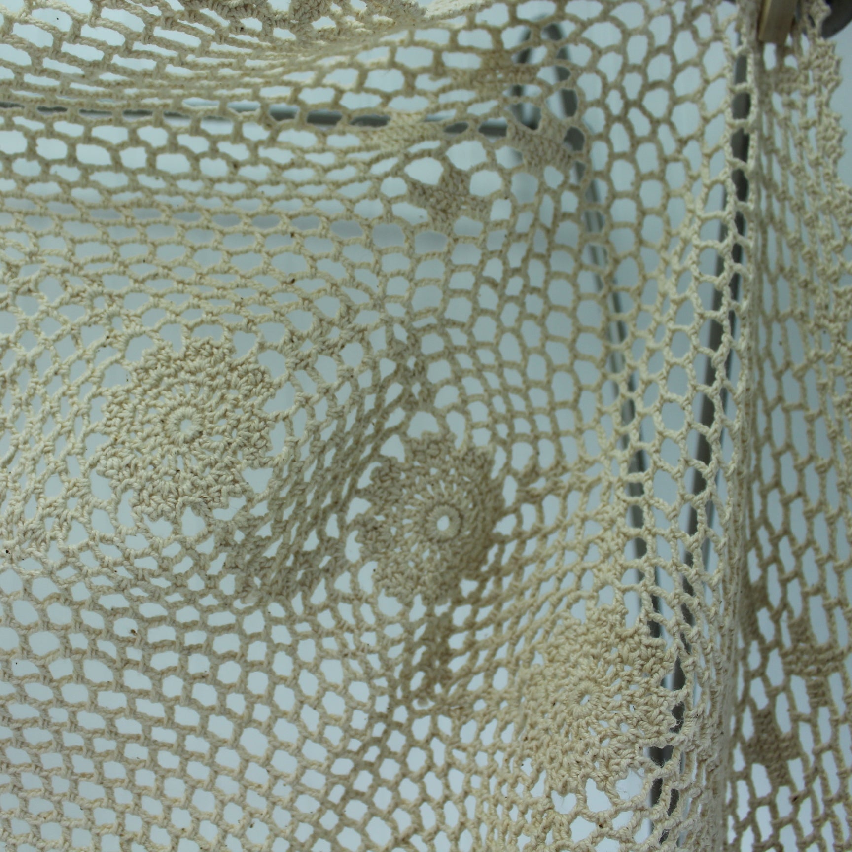 Pair Crochet Doilies Tablecloths Ecru Heavy Cotton 32" Round 36" Square closeup of round doily