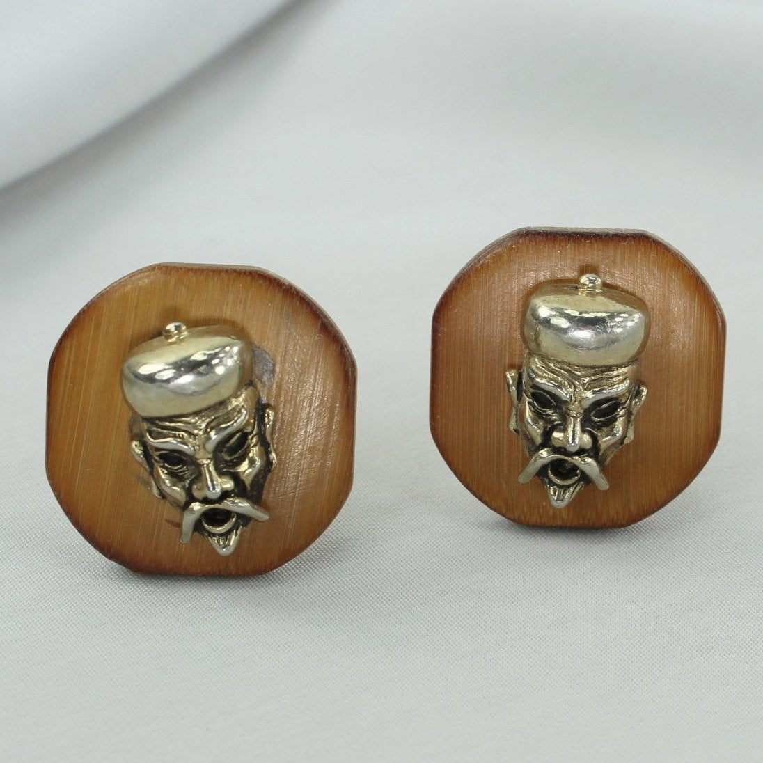 Vintage Cuff Links SWANK Wood Tribal Chief Dimensional gold tone