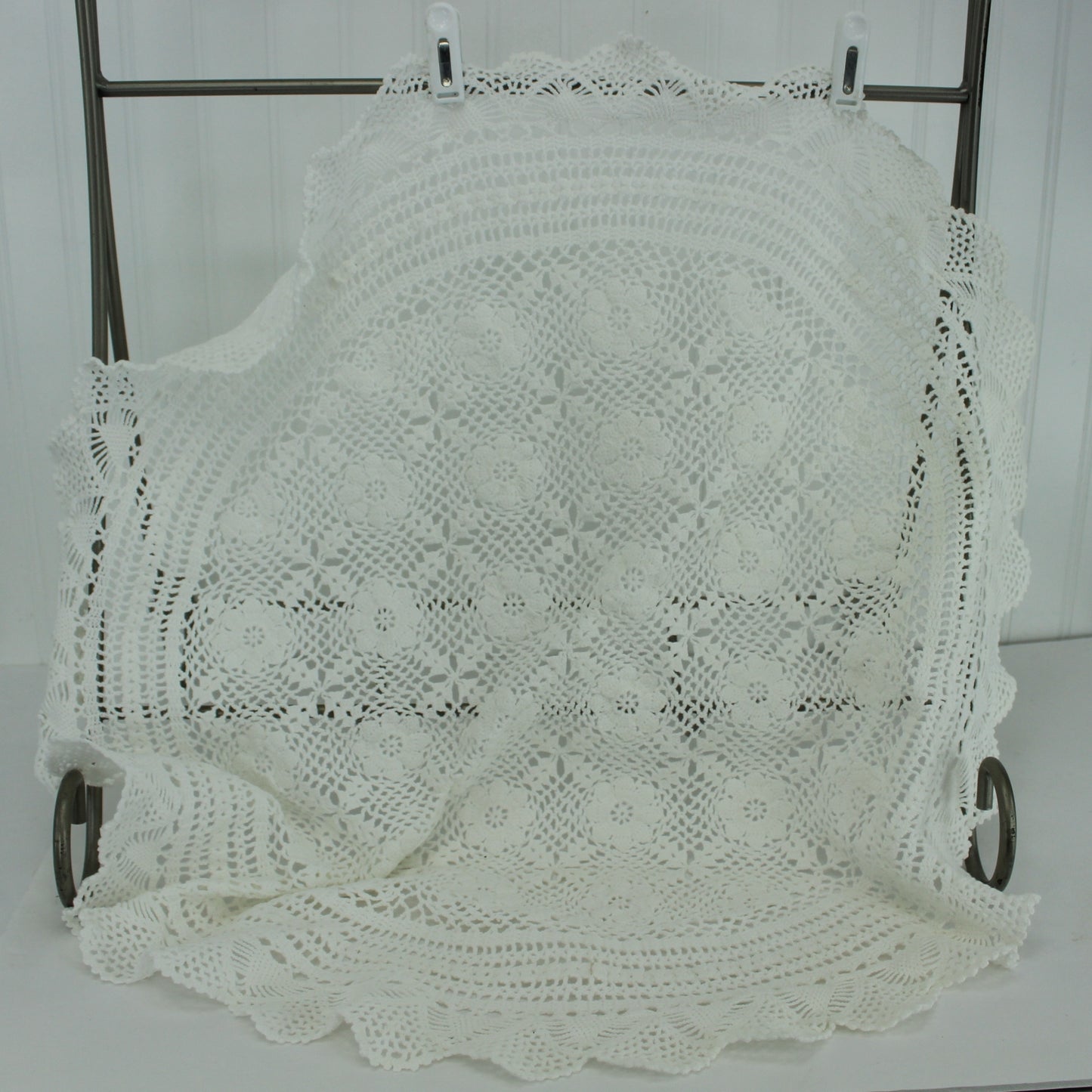 Large Round Crochet Doily Tablecloth White Heavy Cotton 30" Diameter heavy substantial weight