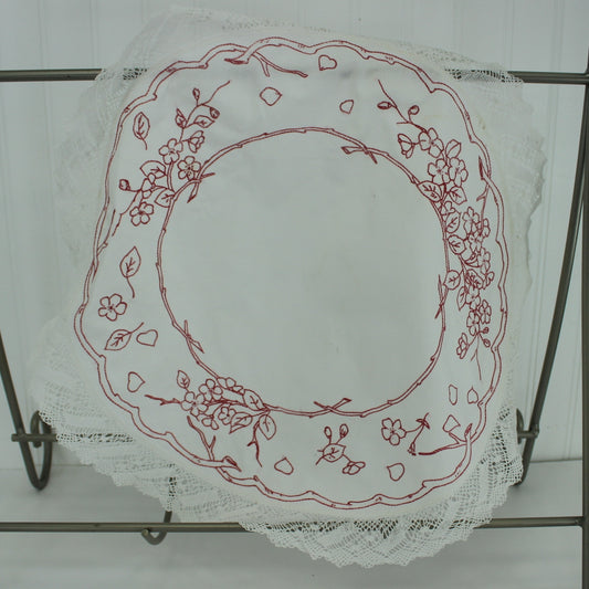 Large Round Embroidered Doily White Linen Rose Floral 20" Fine 1 1/2" Lace