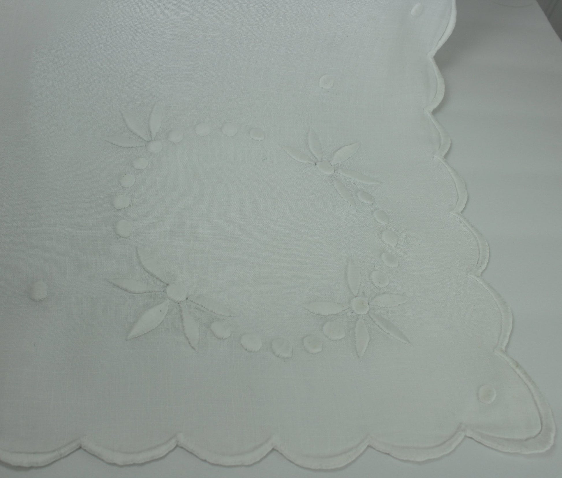 Antique Small White Linen Table Cloth - Early 1900s - Monogram "D" Floral ssatin stitch