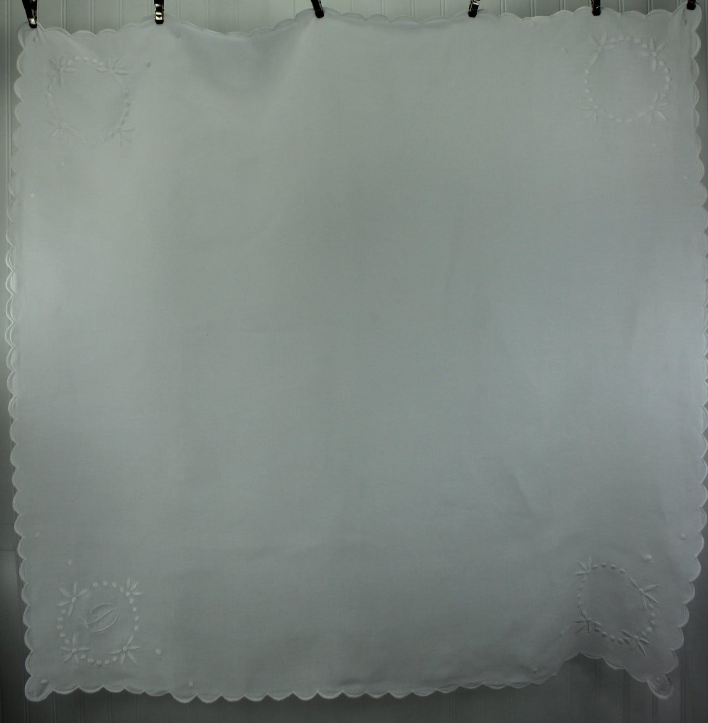 Antique Small White Linen Table Cloth - Early 1900s - Monogram "D" Floral elegant dinner for two