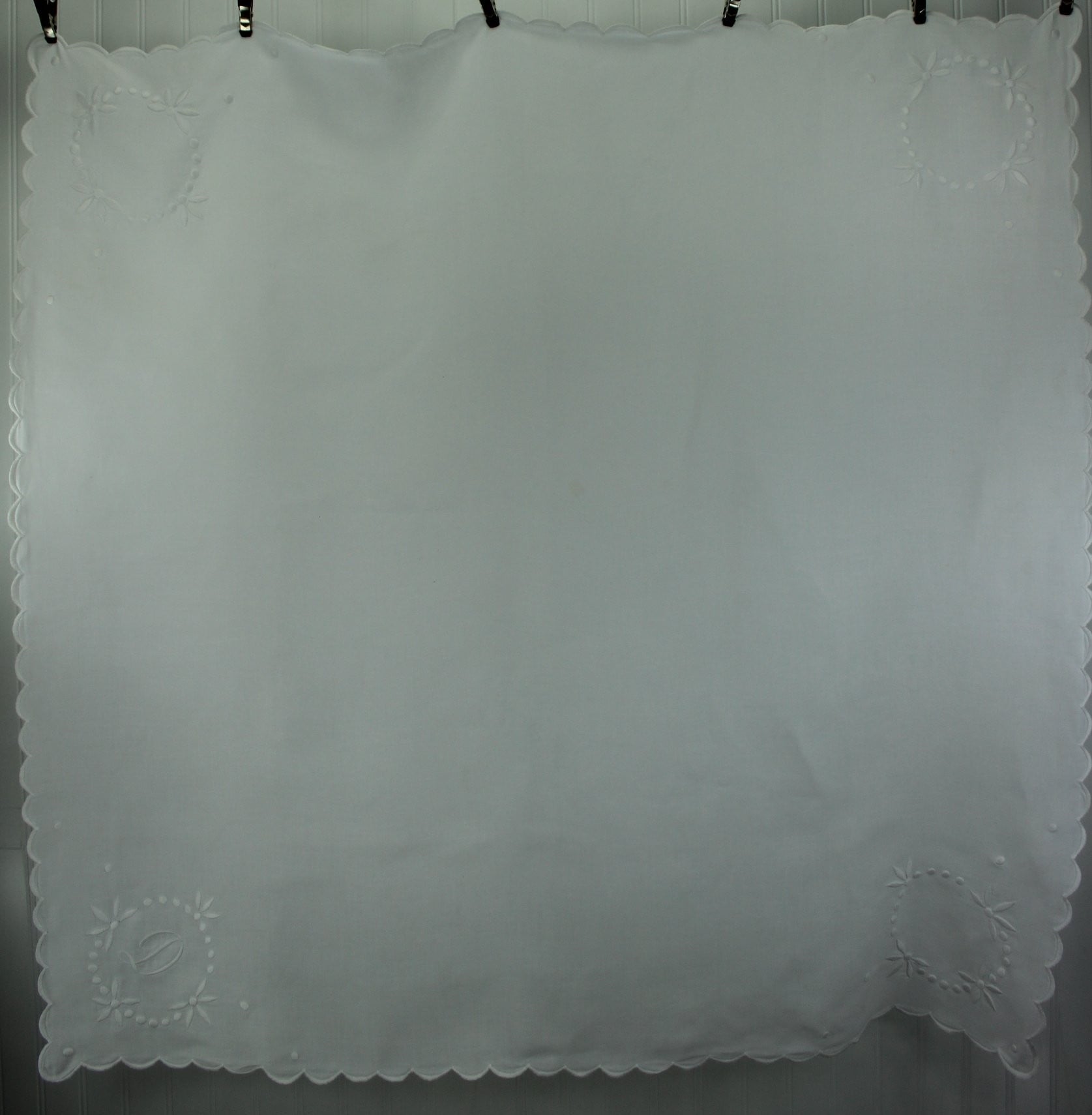 Antique Small White Linen Table Cloth - Early 1900s - Monogram "D" Floral elegant dinner for two