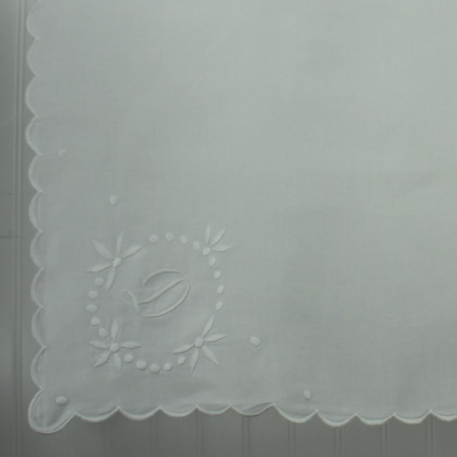 Antique Small White Linen Table Cloth - Early 1900s - Monogram "D" Floral