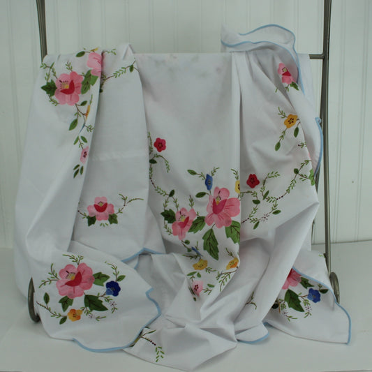 White Cotton Tablecloth Flower Applique Embroidery Blue Scallop Border 67" X 50"