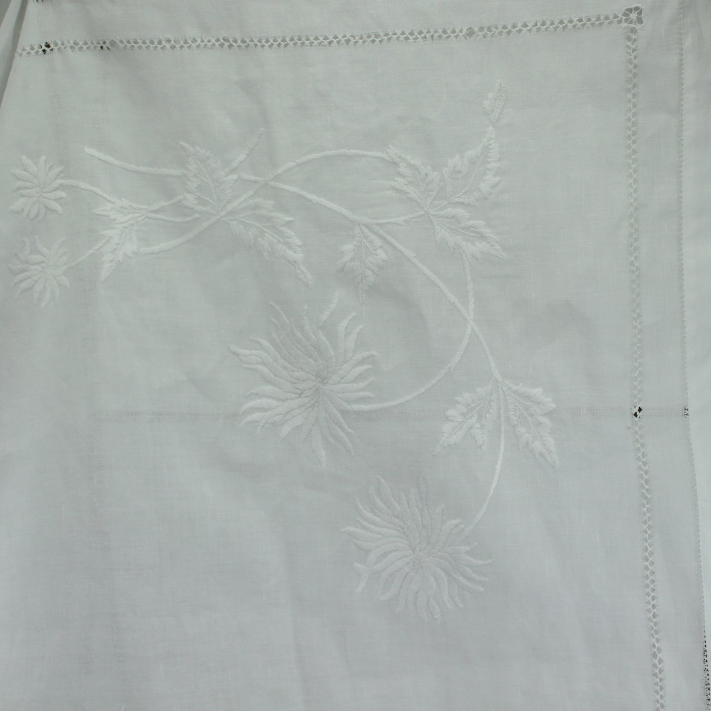 White Vintage Linen Tablecloth Embroidered Chrysanthemums sprays of chrysanthemums