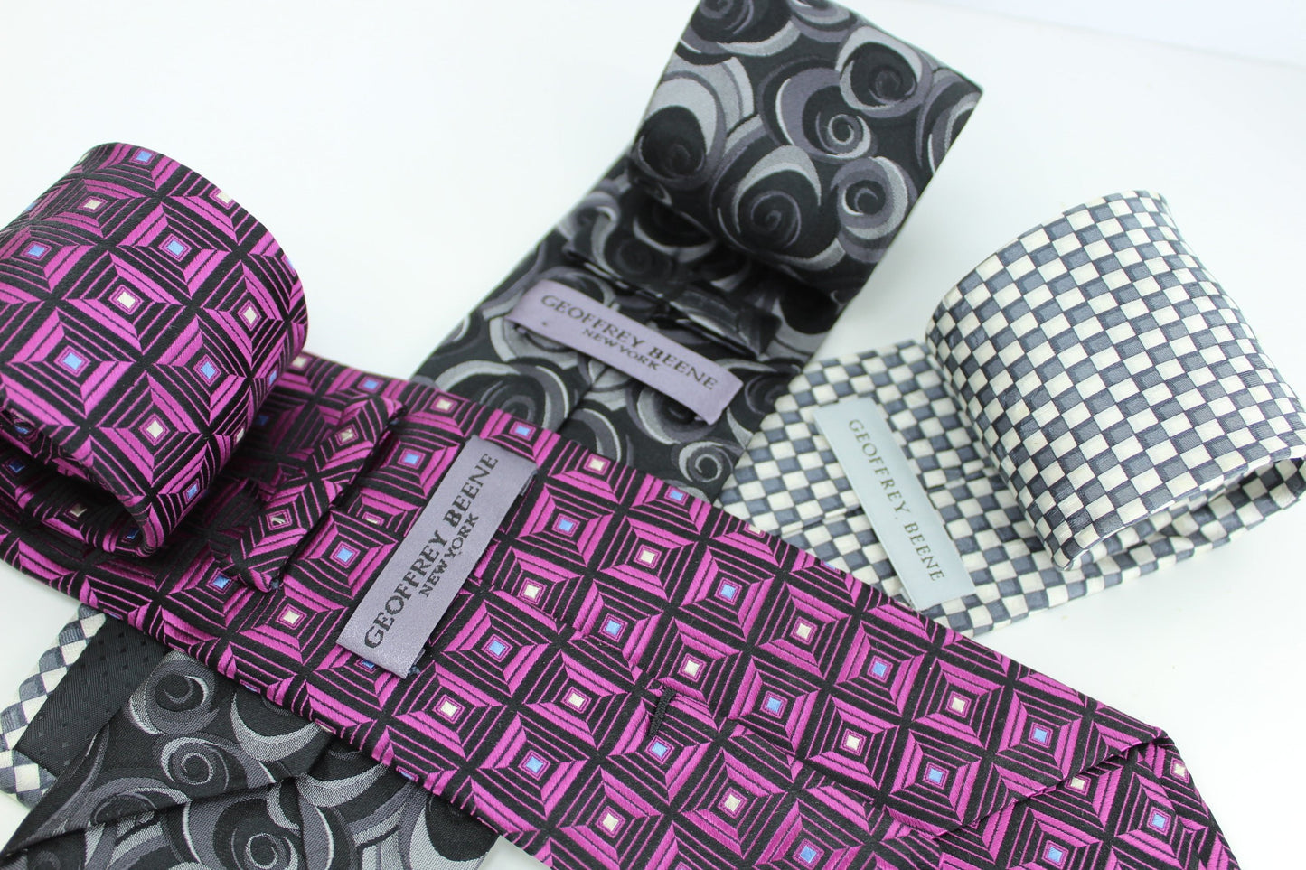 Geoffrey Beene NY 3 Silk Ties - Optical Cool Checkerboard Purple Geo - Olde Kitchen & Home