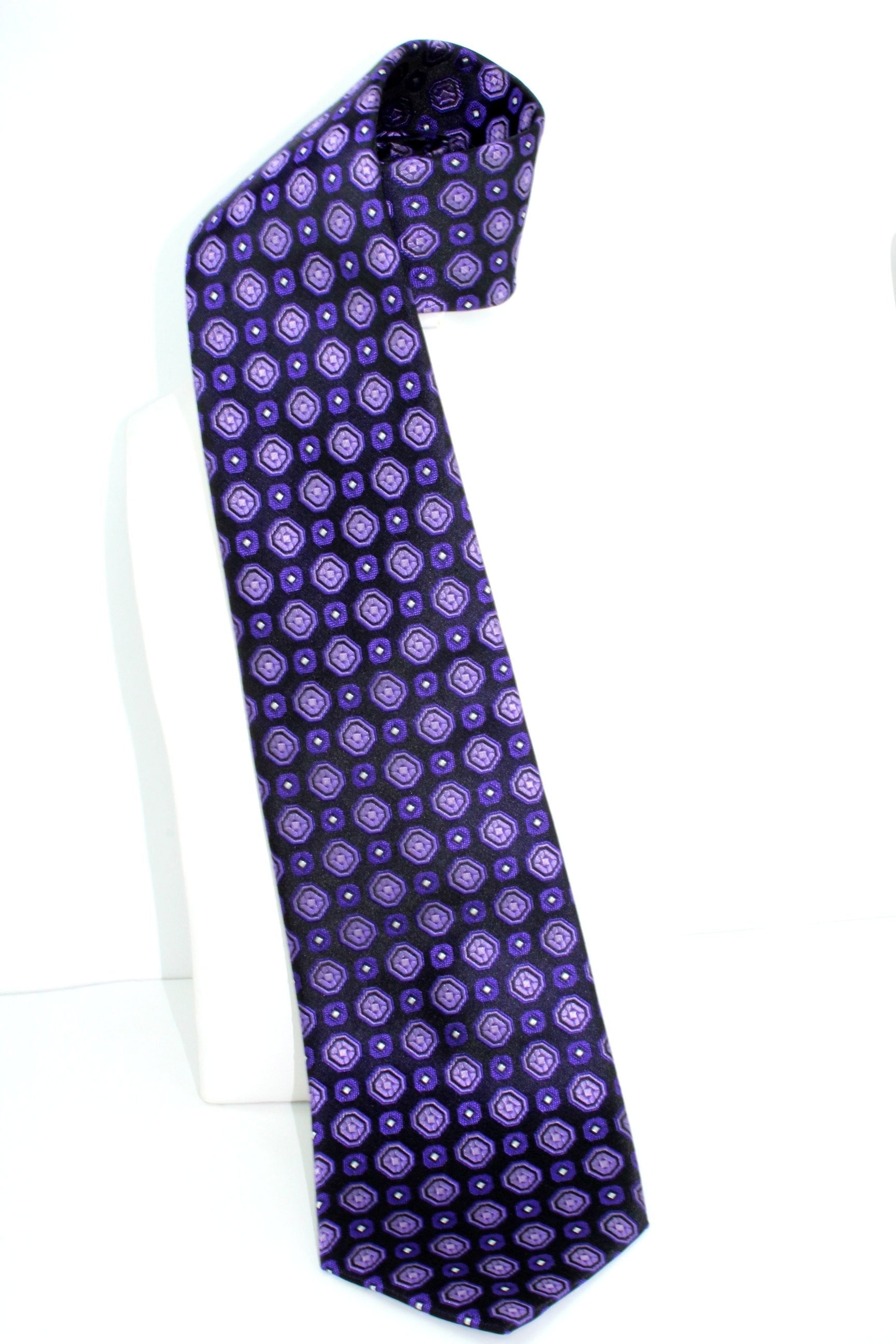 Geoffrey Beene NY 2 Silk Ties - Purple Occtagon Design Black White Geometric small purple shades design