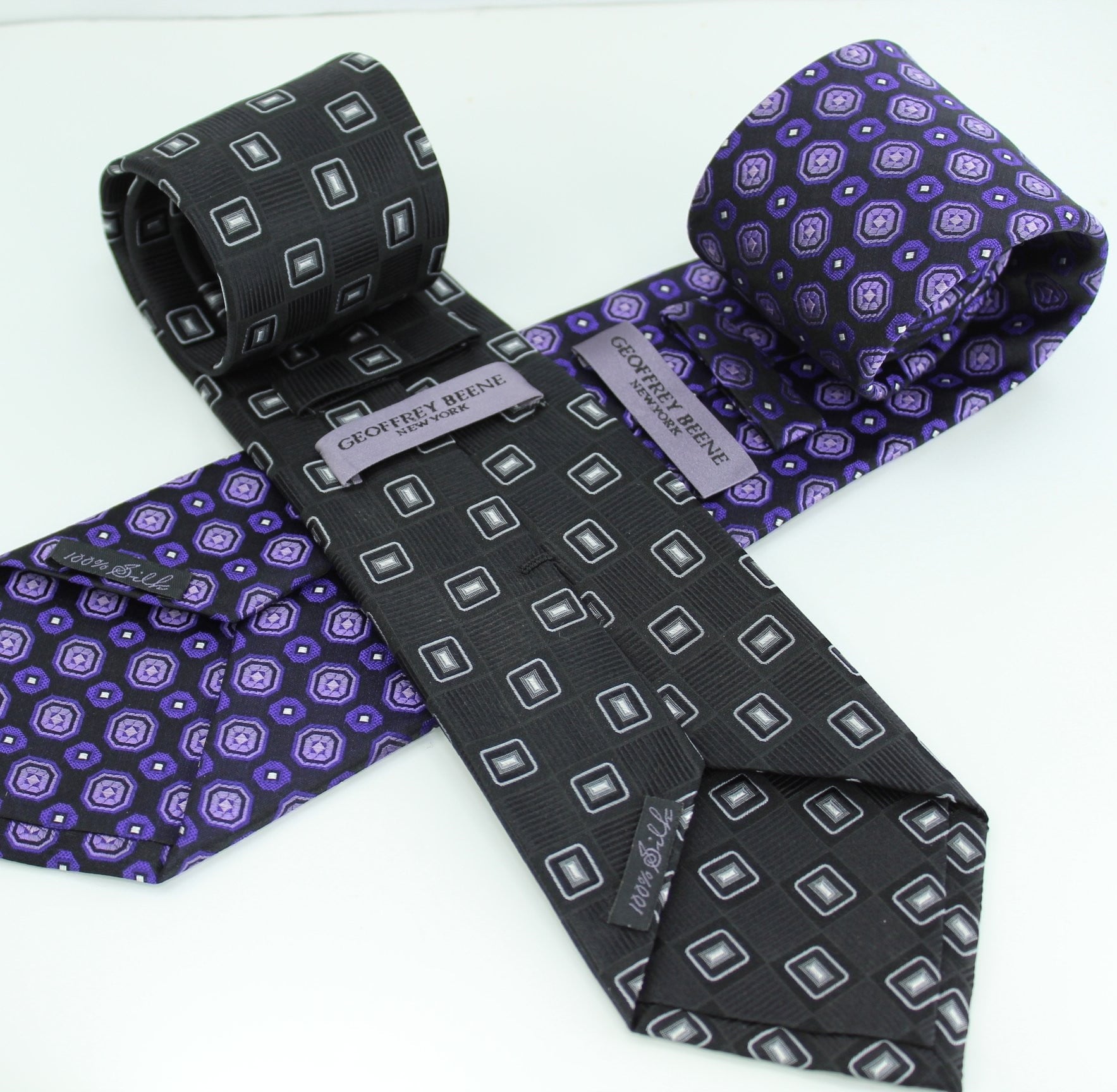 Geoffrey Beene NY 2 Silk Ties - Purple Occtagon Design Black White Geometric blocks