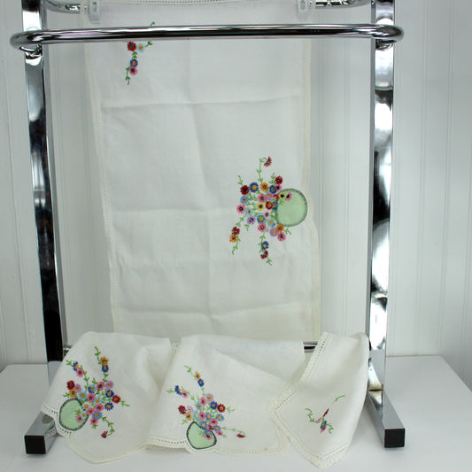 White Linen 4 Pieces Table Dresser Decor Runner Doilies Embroidery Applique