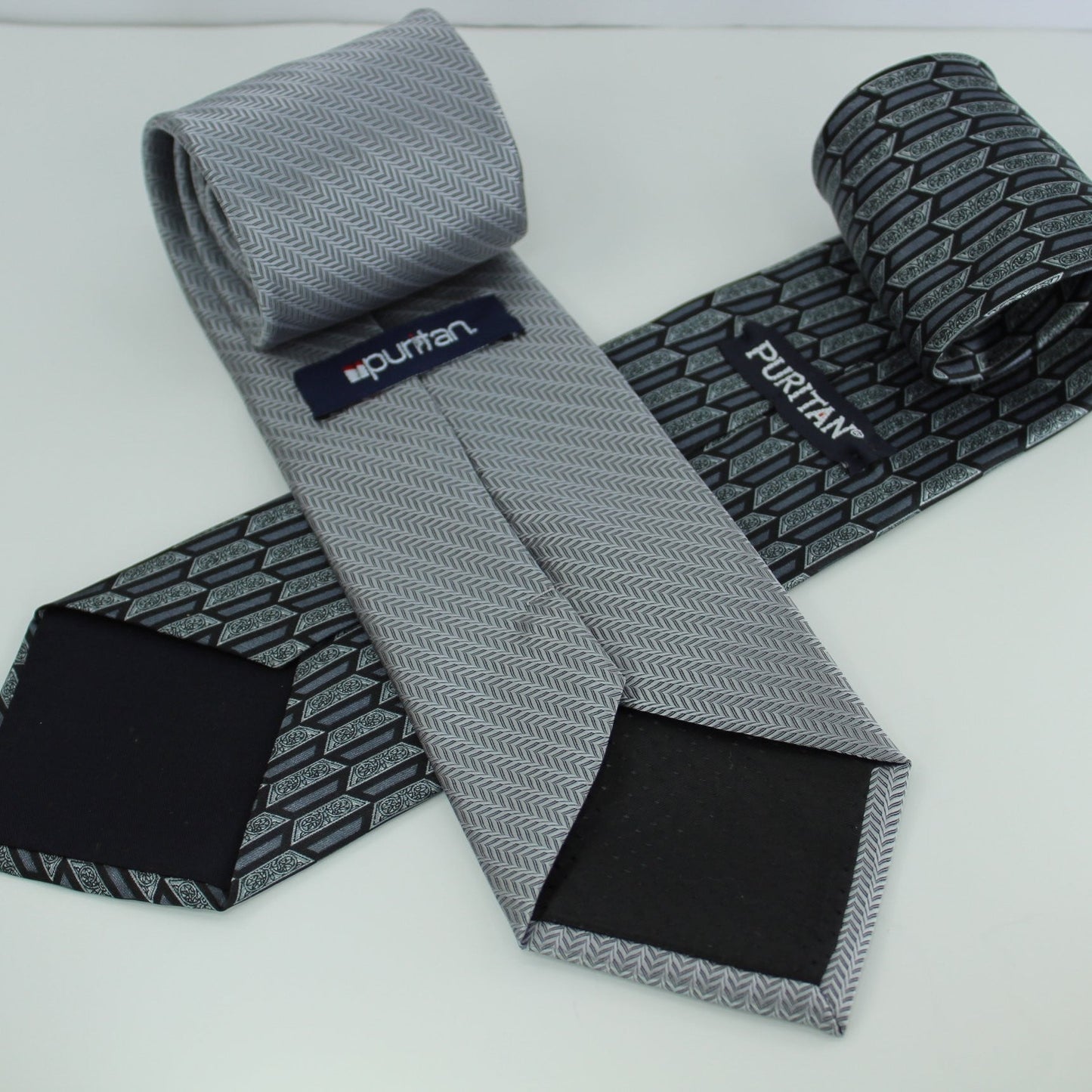 Puritan 2 Polyester Ties - Classic Small Chevron &  Optical Print Shades of Grey classy pair ties