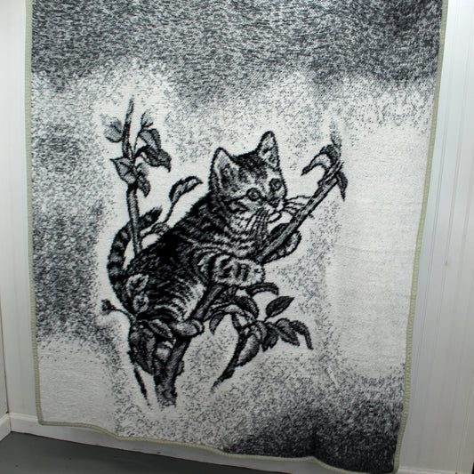Acrylic Throw Blanket Kitten in Tree Reversible Black White Grey vintage