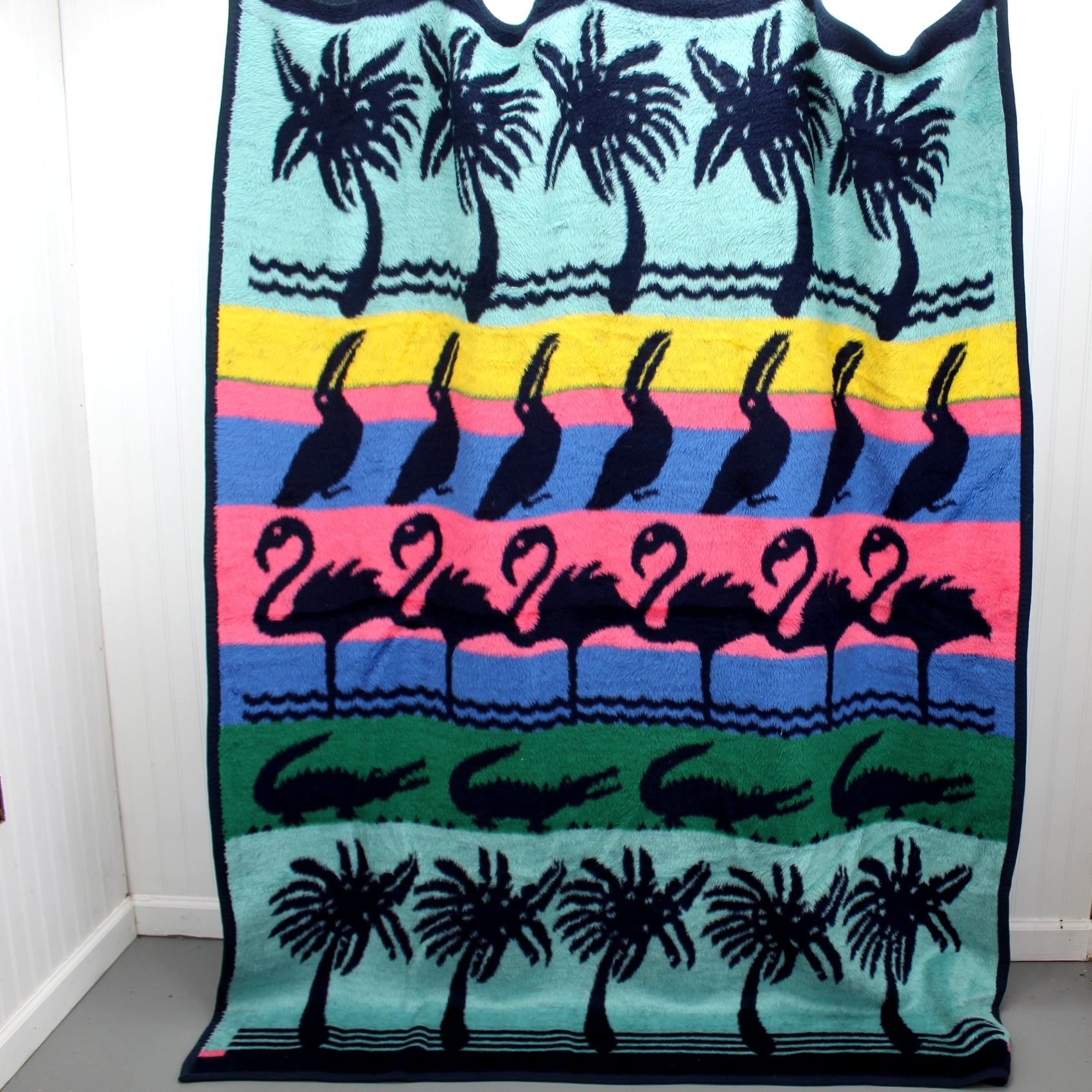 Fun Tropical Acrylic Throw Blanket Toucans Alligators Flamingos 58" X 80" reverses to aqua background used