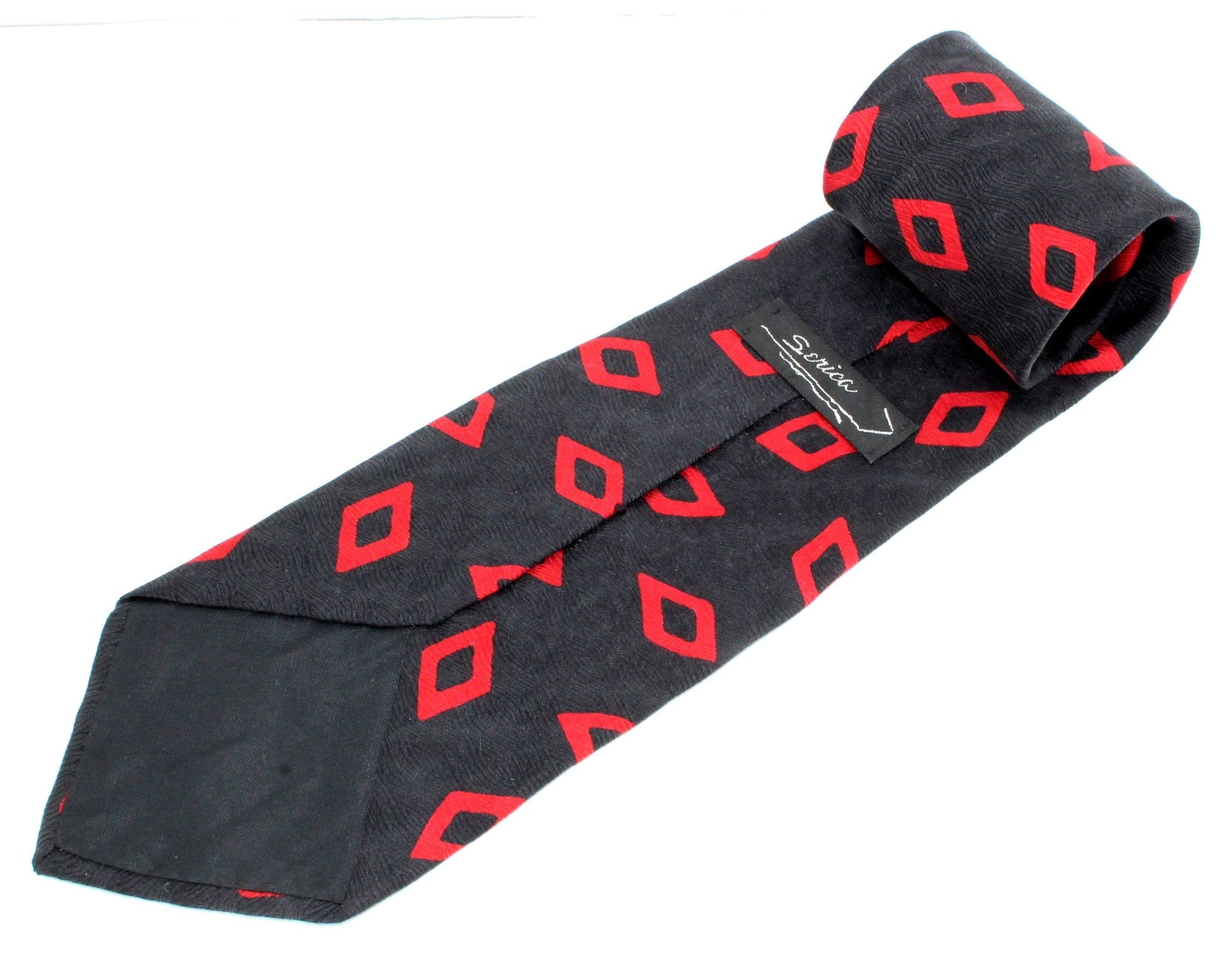 Serica Vintage Tie - Gorgeous Silk Black Red Geometric - Old Ribbon Tag stunning atomic design