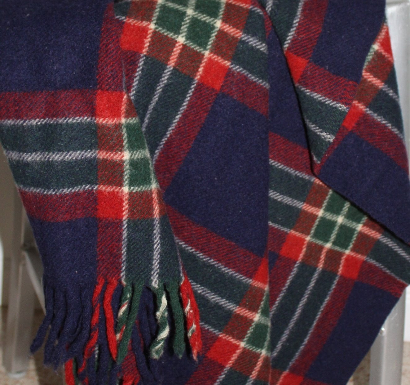 Vintage Plaid Wool Throw Vibrant Red Navy Blue Forest Green warm soft