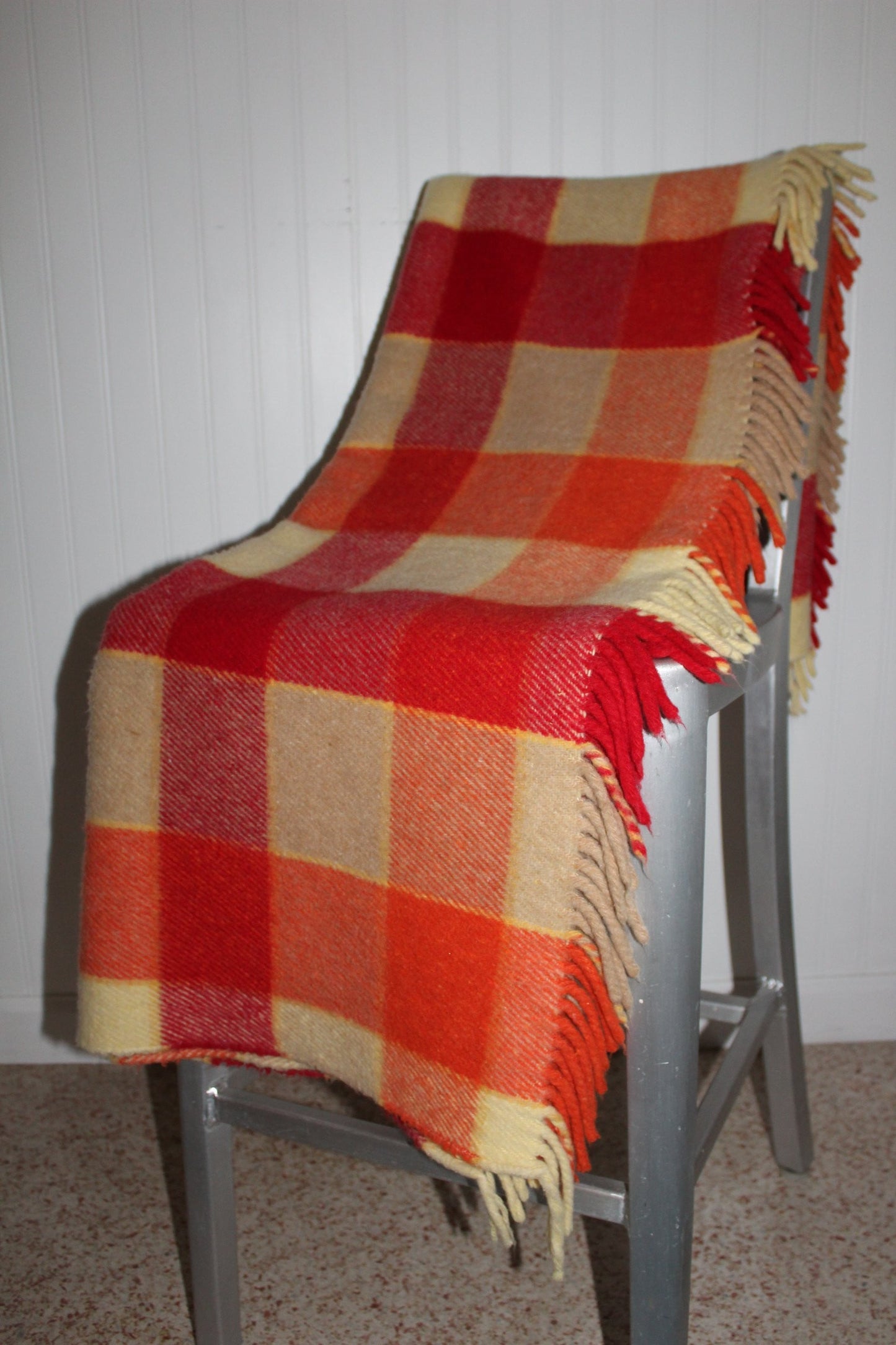 Acrylic Fringed Throw Orange Reds Yellow Plaid All Season Soft Cozy unusual color