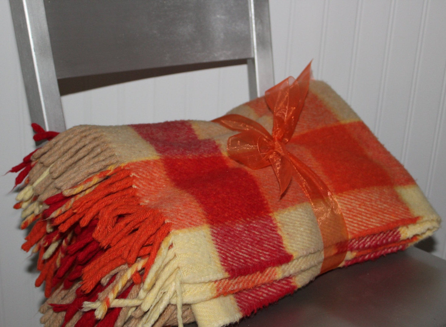 Acrylic Fringed Throw Orange Reds Yellow Plaid All Season Soft Cozy used