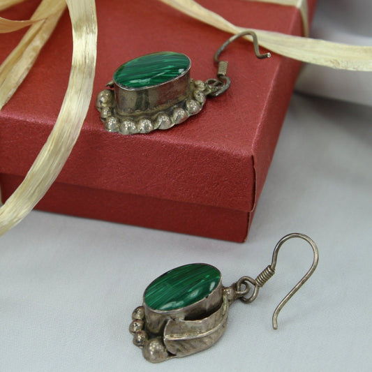 Vintage Earrings Silver Malachite Mexico Wire