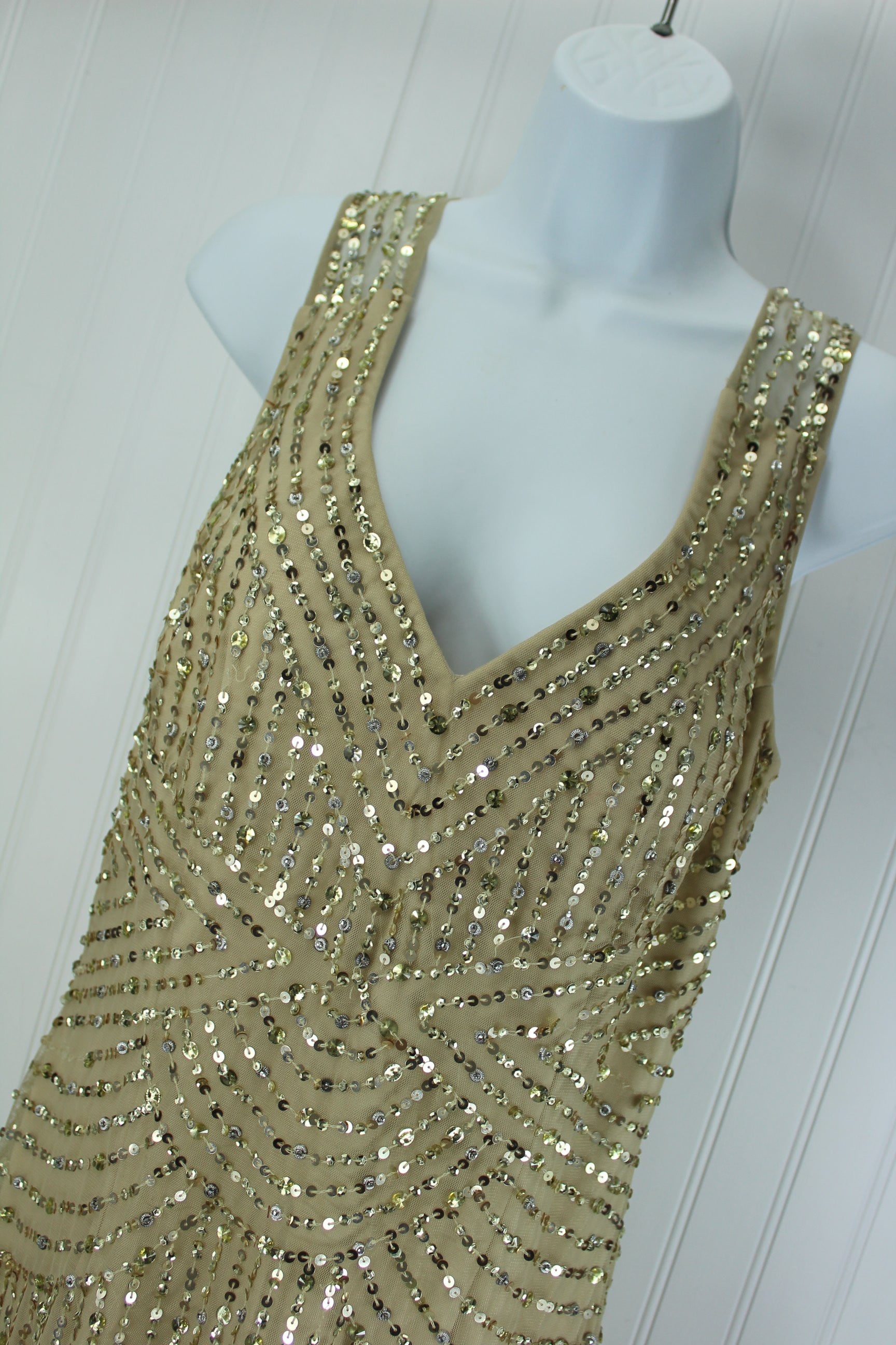 Aidan Mattox Long Sequin Dress - Stunning Fully Lined Champagne with Silver Gold sensual sequin long dress