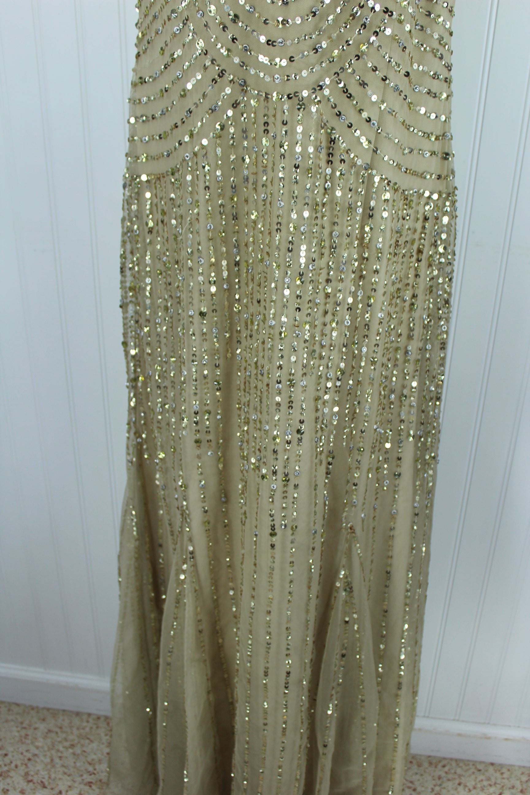 Aidan Mattox Long Sequin Dress Champagne with Silver Gold Olde