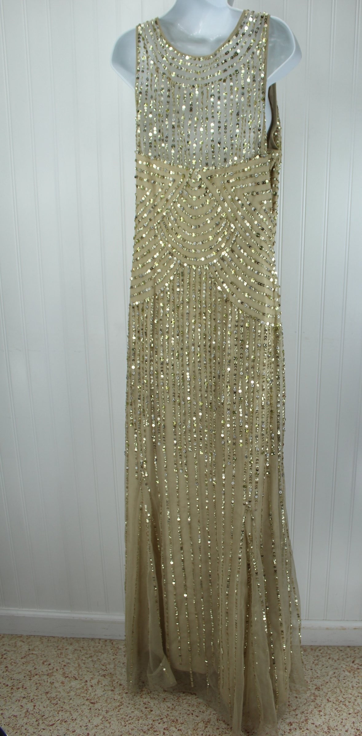 Aidan Mattox Long Sequin Dress Champagne with Silver Gold Olde