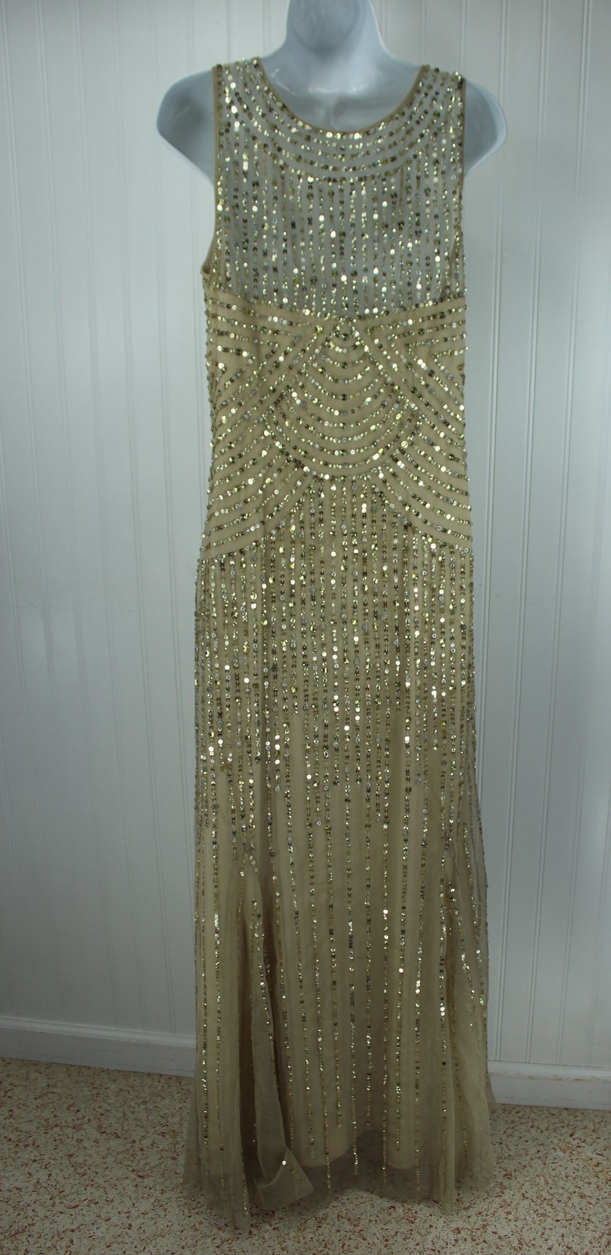 Aidan Mattox Long Sequin Dress Champagne with Silver Gold Olde