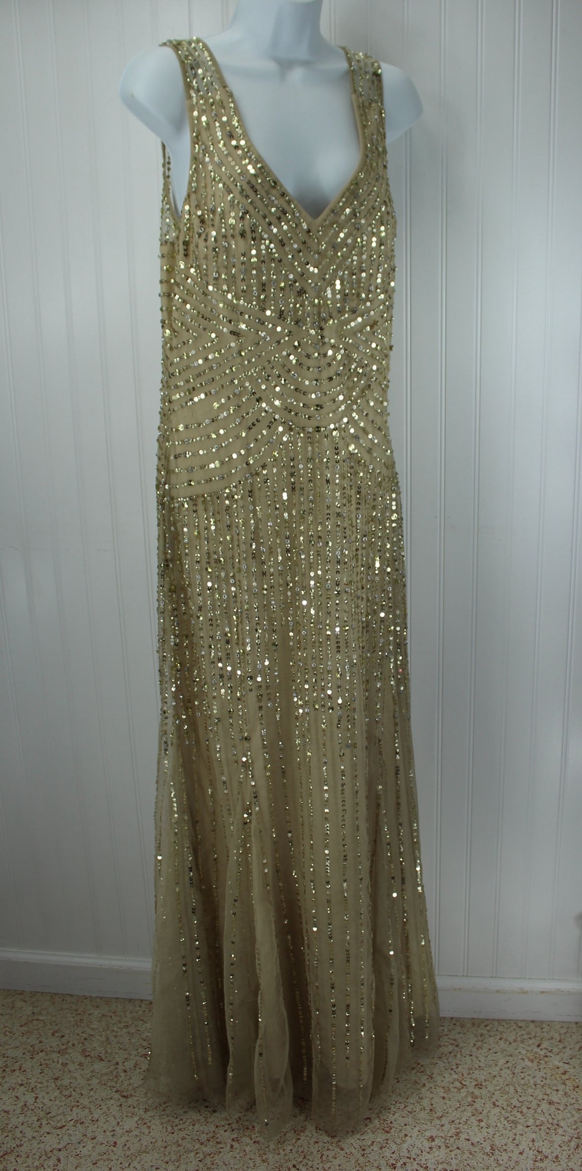 Aidan Mattox Long Sequin Dress Champagne with Silver Gold Olde