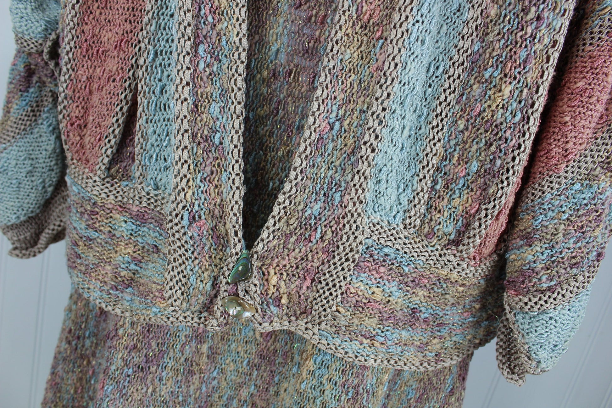 Haute Couture Knit Pastel Ribbon Metallic Yarn Vintage Suit - Jutta Mitchell North Bend Oregon abalone buttons
