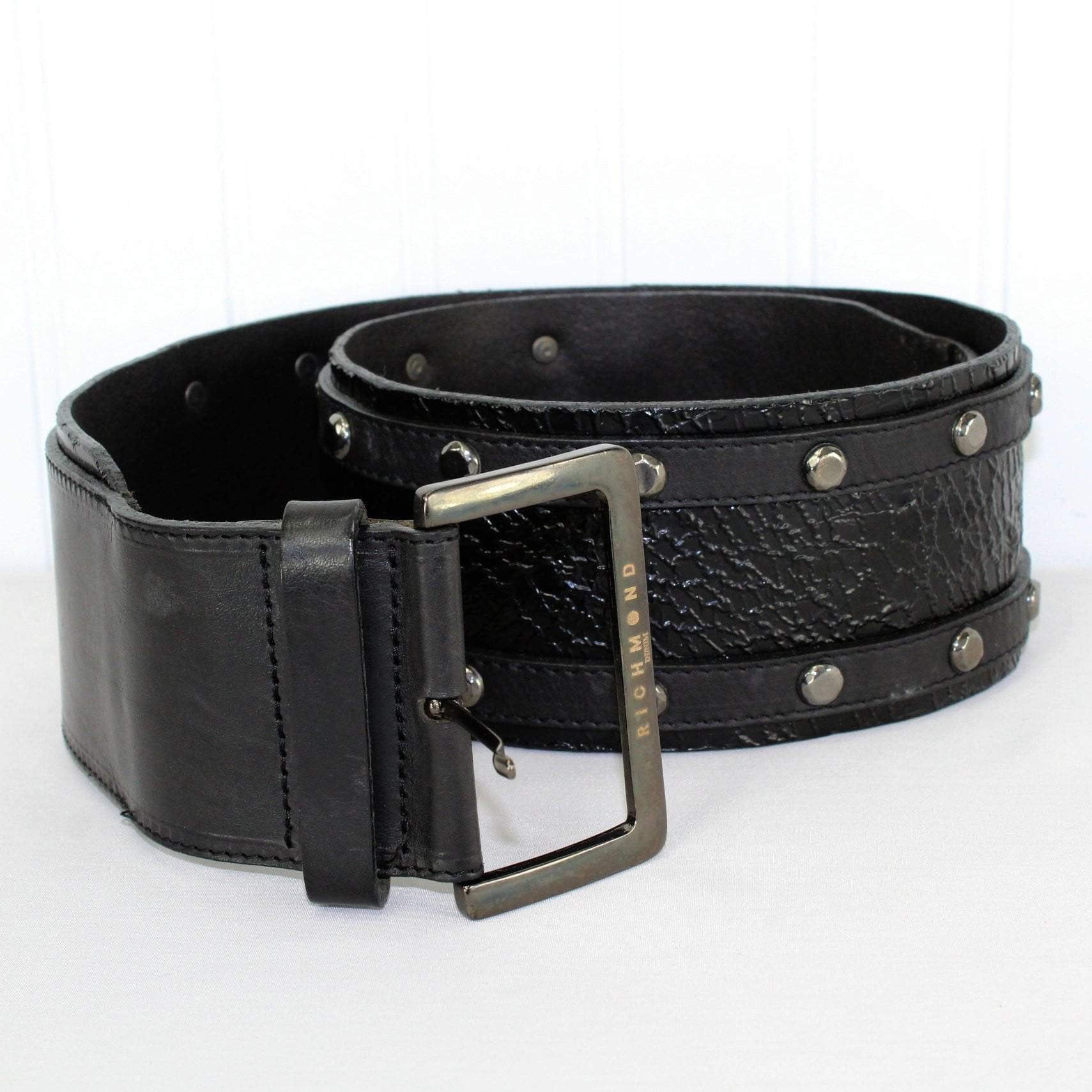 Richmond Denim Belt - Black Layered Bands Leather With Gunmetal Studs no signs of use