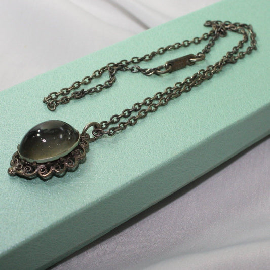 Vintage HOBE Necklace Smoky Glass Focal Silver Tone Chain