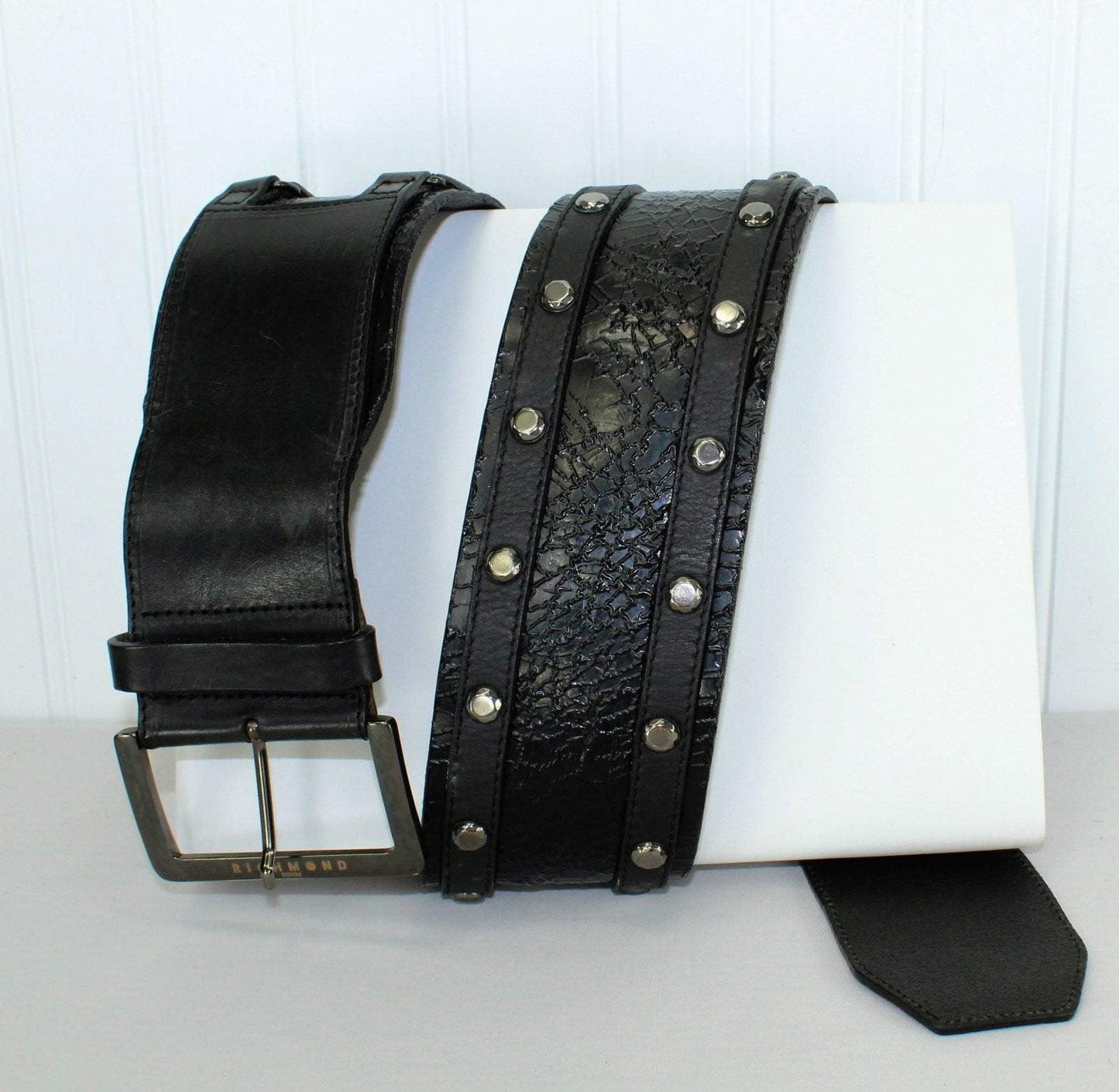 Richmond Denim Belt - Black Layered Bands Leather With Gunmetal Studs brutalist industrialist
