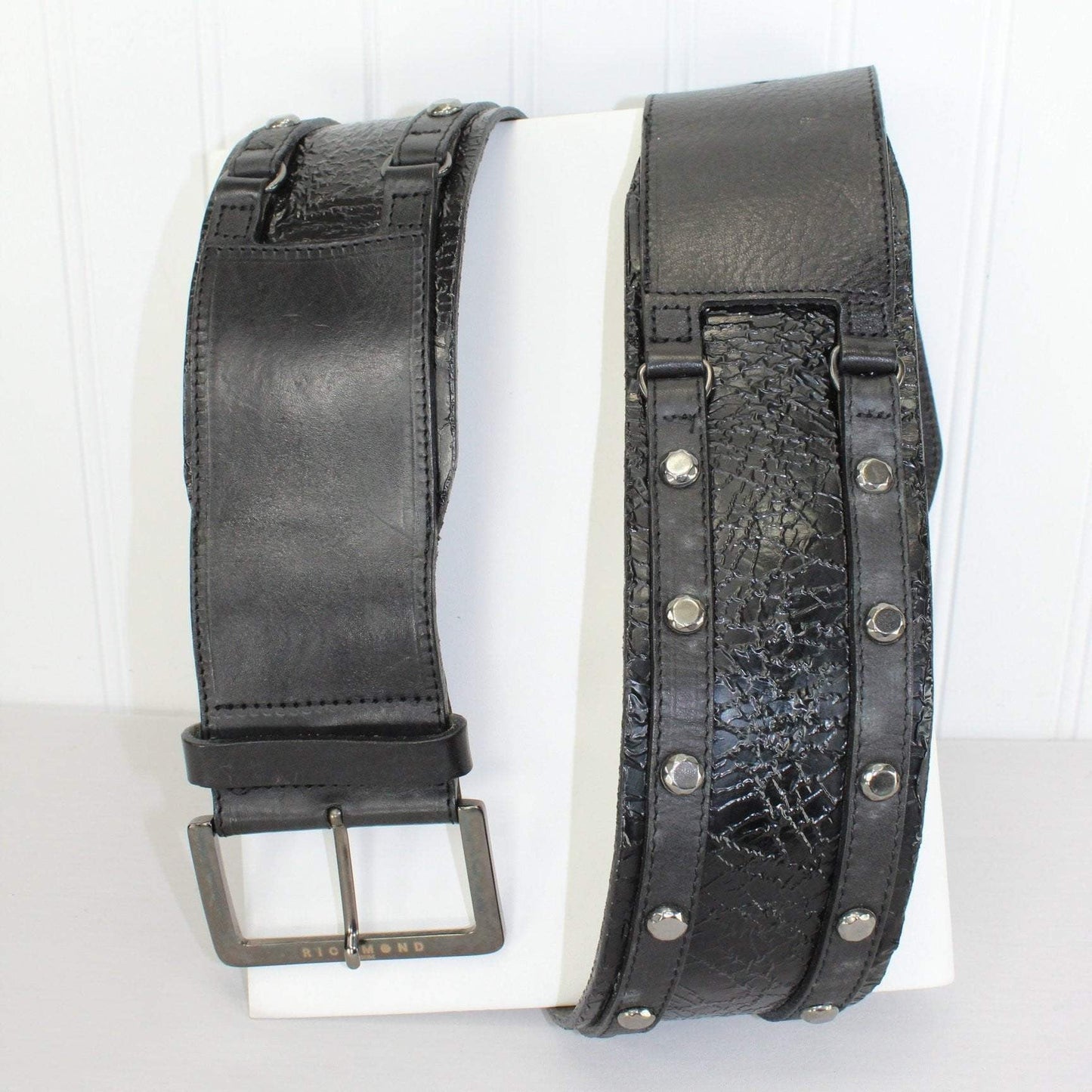 Richmond Denim Belt - Black Layered Bands Leather With Gunmetal Studs john richmond belt leather black