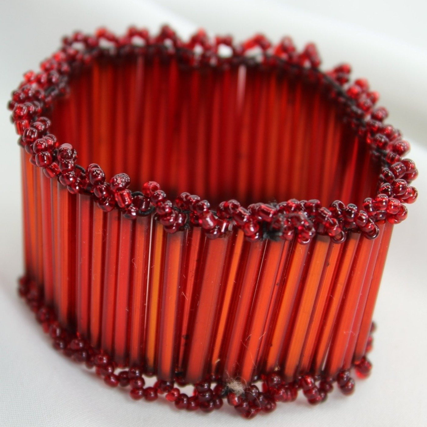 Artisan Red Iridescent Bead Bracelet Bugle Seed Glass Beads 1 1/4" Wide unique