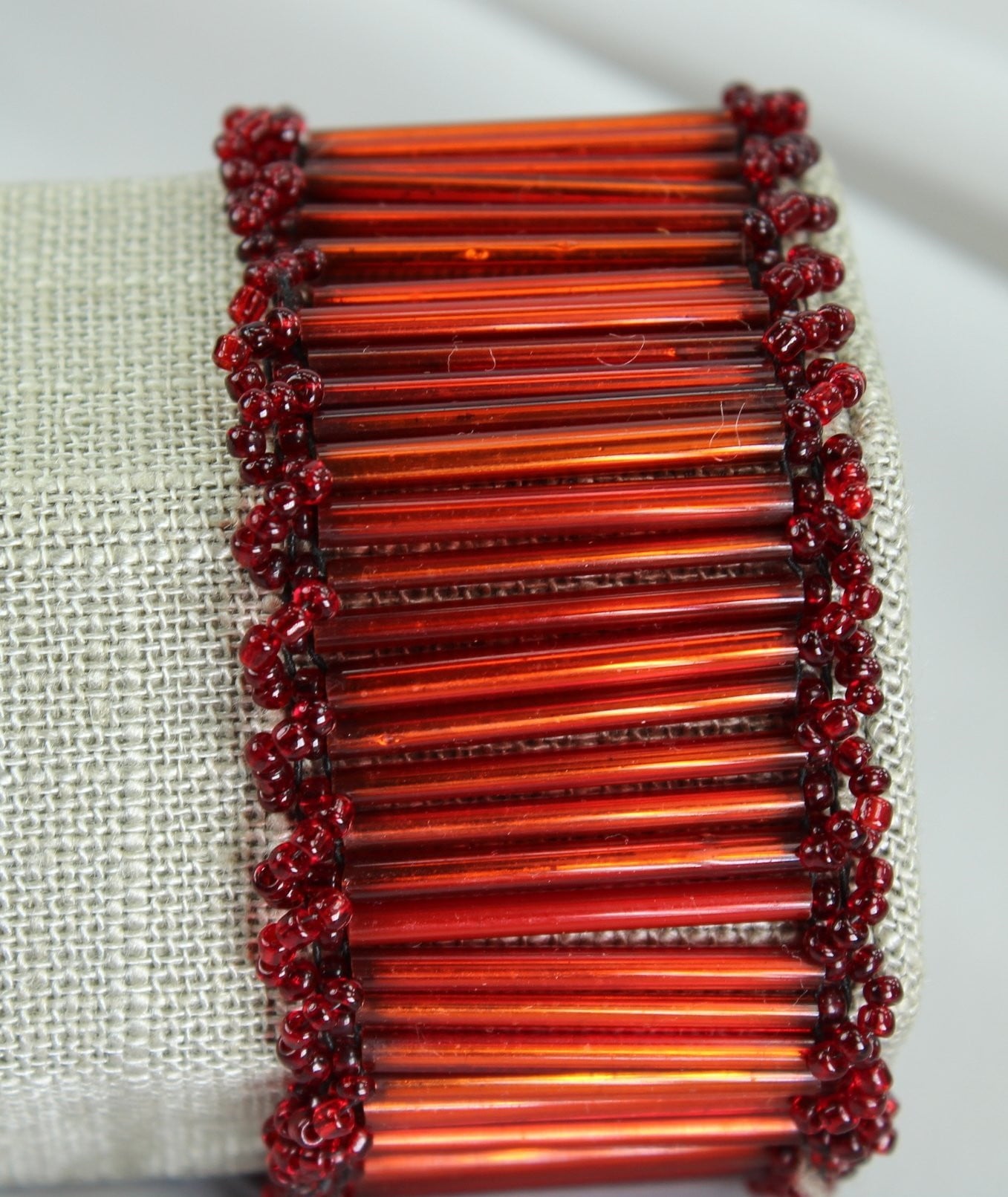 Artisan Red Iridescent Bead Bracelet Bugle Seed Glass Beads 1 1/4" Wide hand made