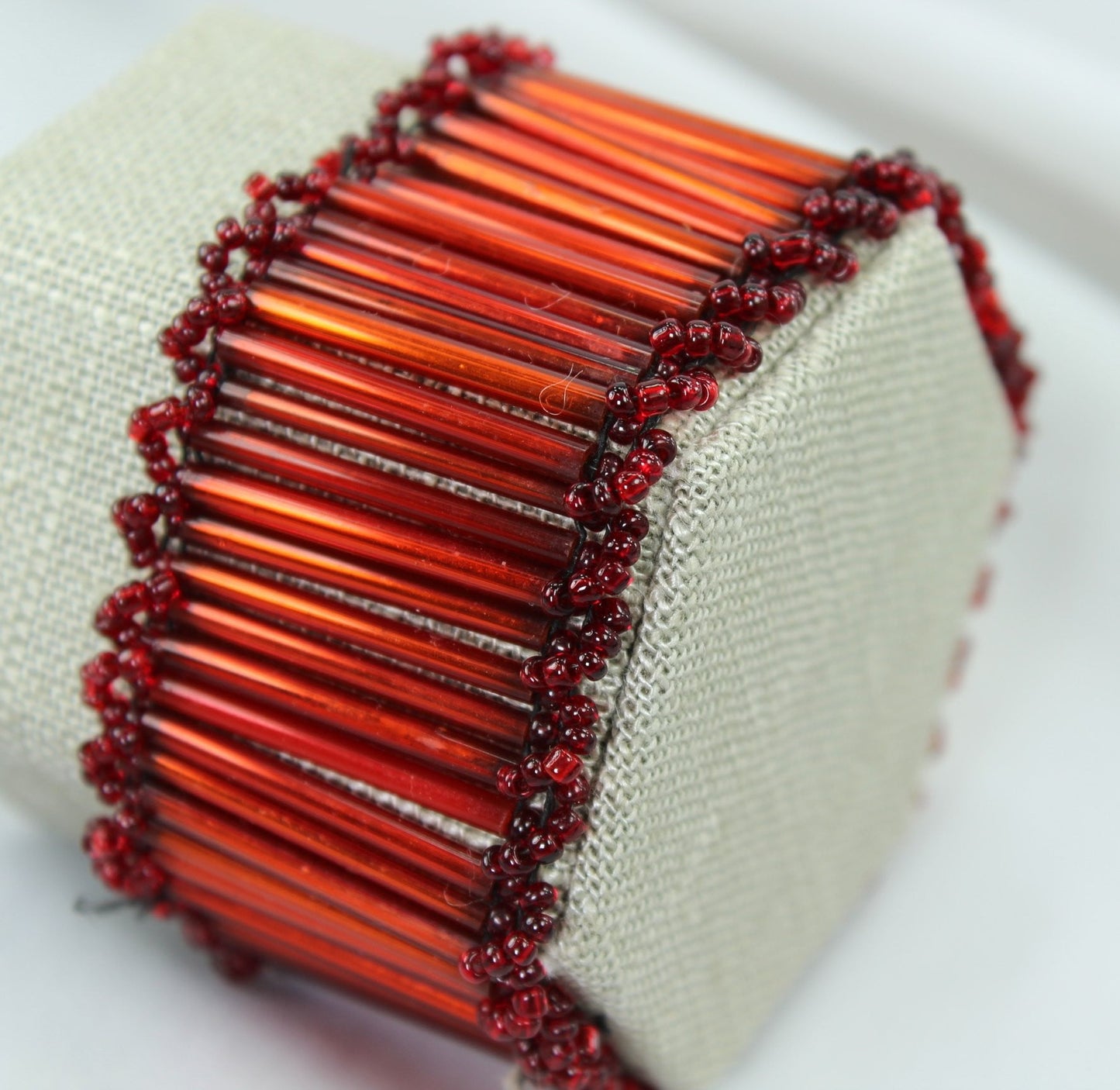 Artisan Red Iridescent Bead Bracelet Bugle Seed Glass Beads 1 1/4" Wide OOAK