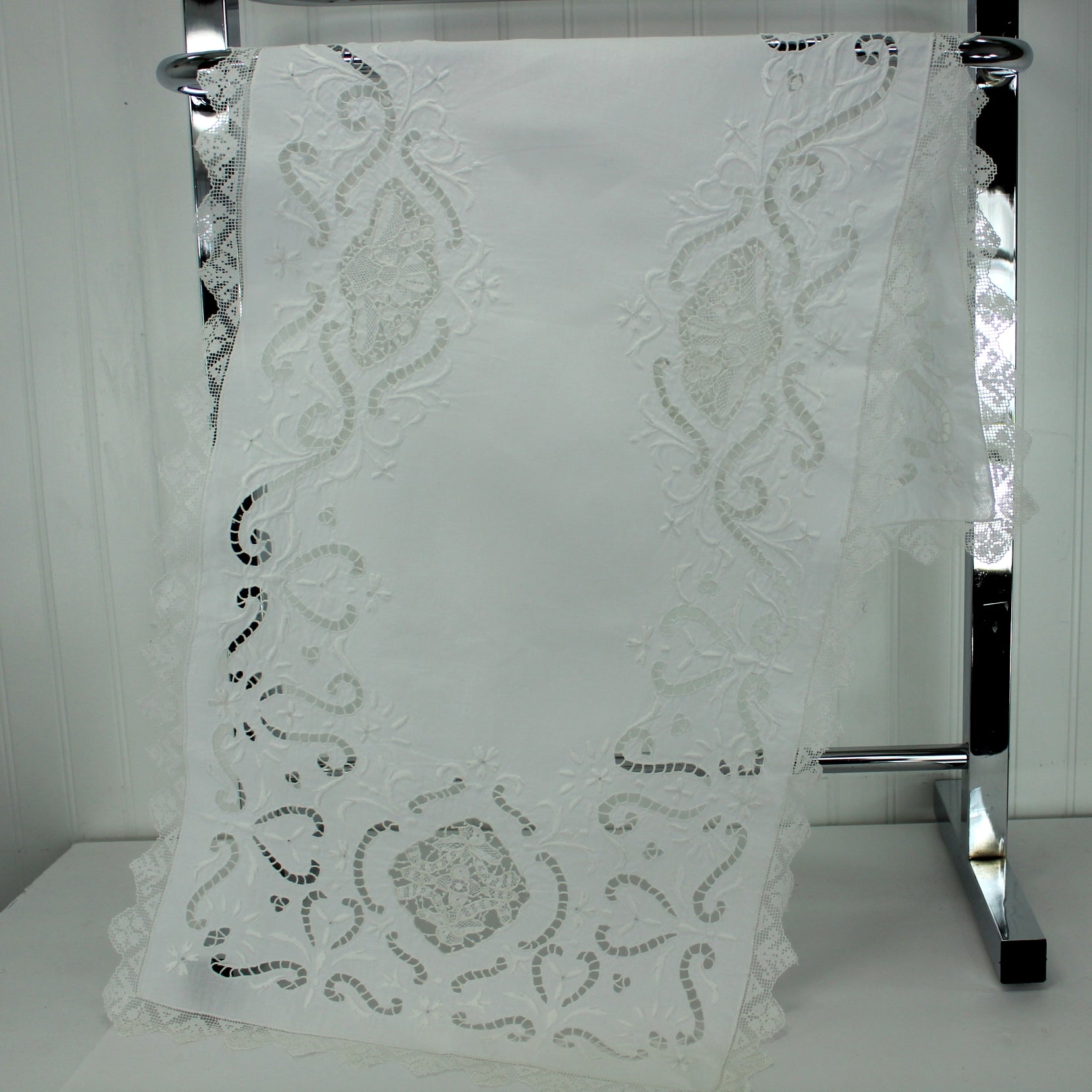 Elegant Madeira Style Linen Table Center Runner Lace Edging White on White