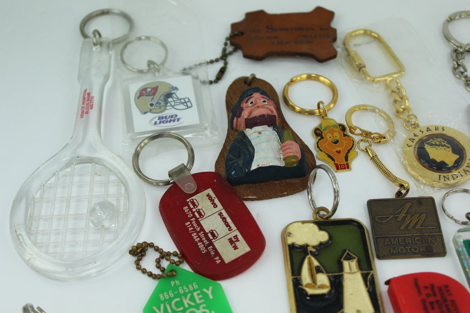 Key Rings Lot 21 Rings Vtg Advertising Leather Brass Shell Wood collectibles