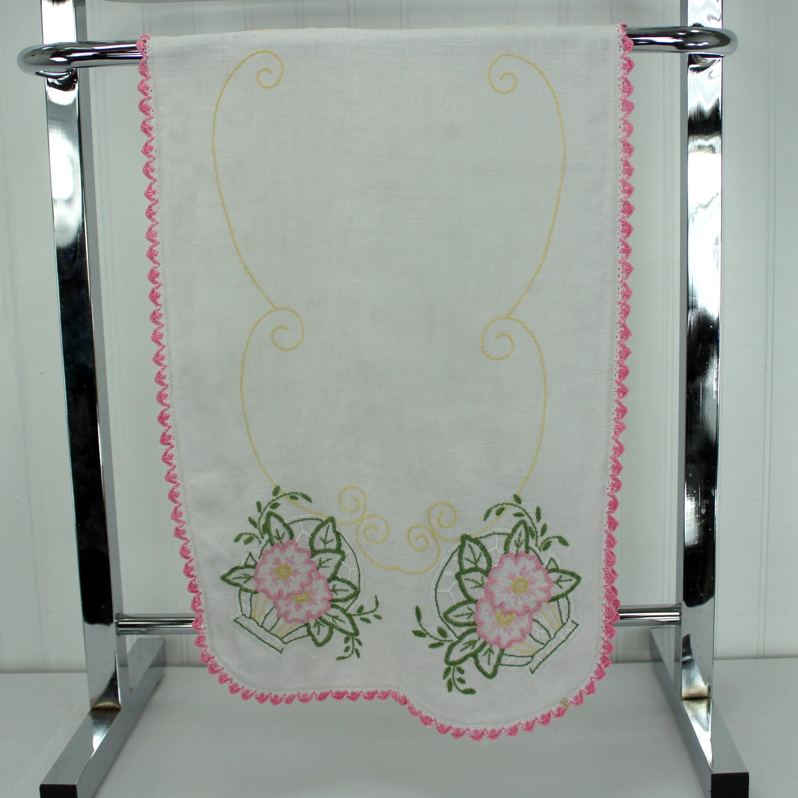 White Linen Table Center Runner Embroidered Flower Baskets Pink Green Crochet Edging