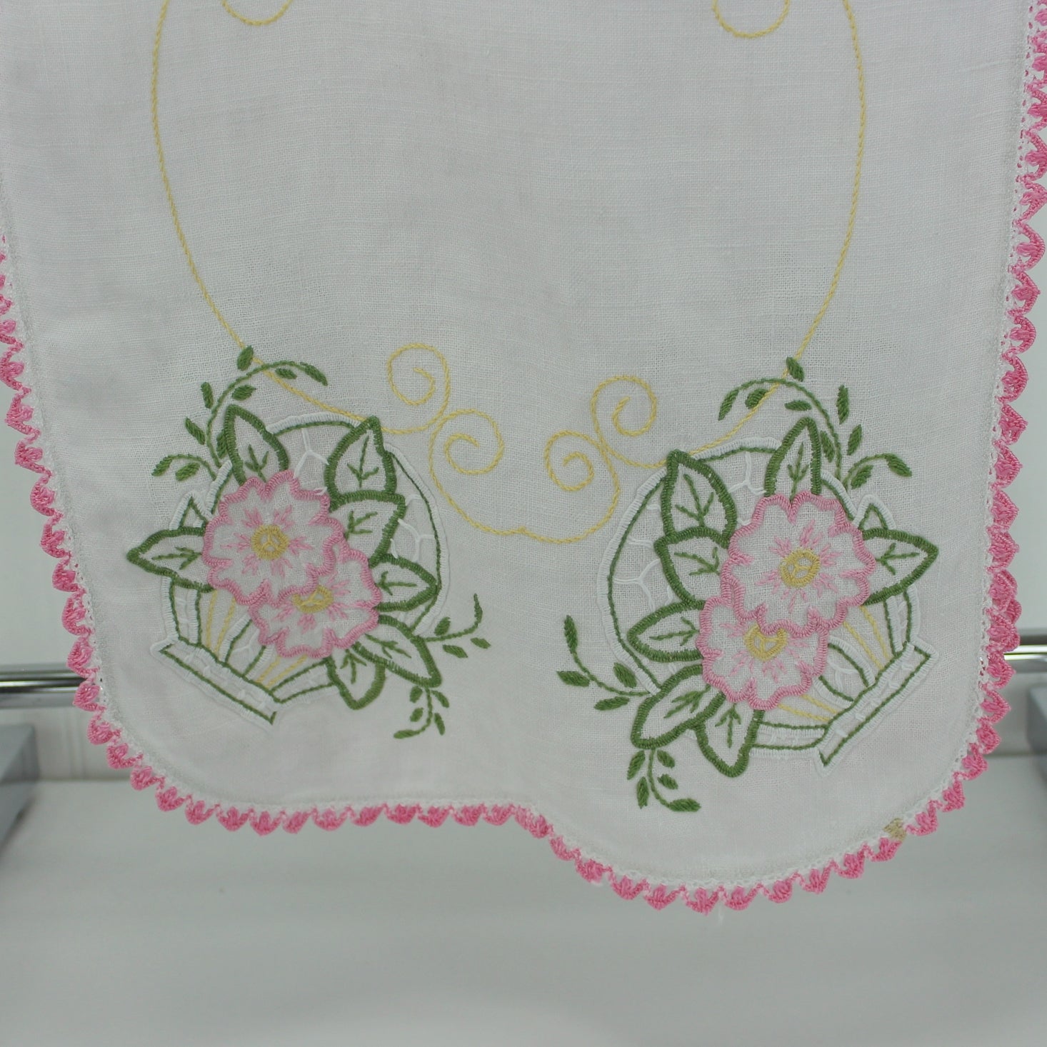 White Linen Table Center Runner Embroidered Flower Baskets Pink Green Crochet Edging cloeup design