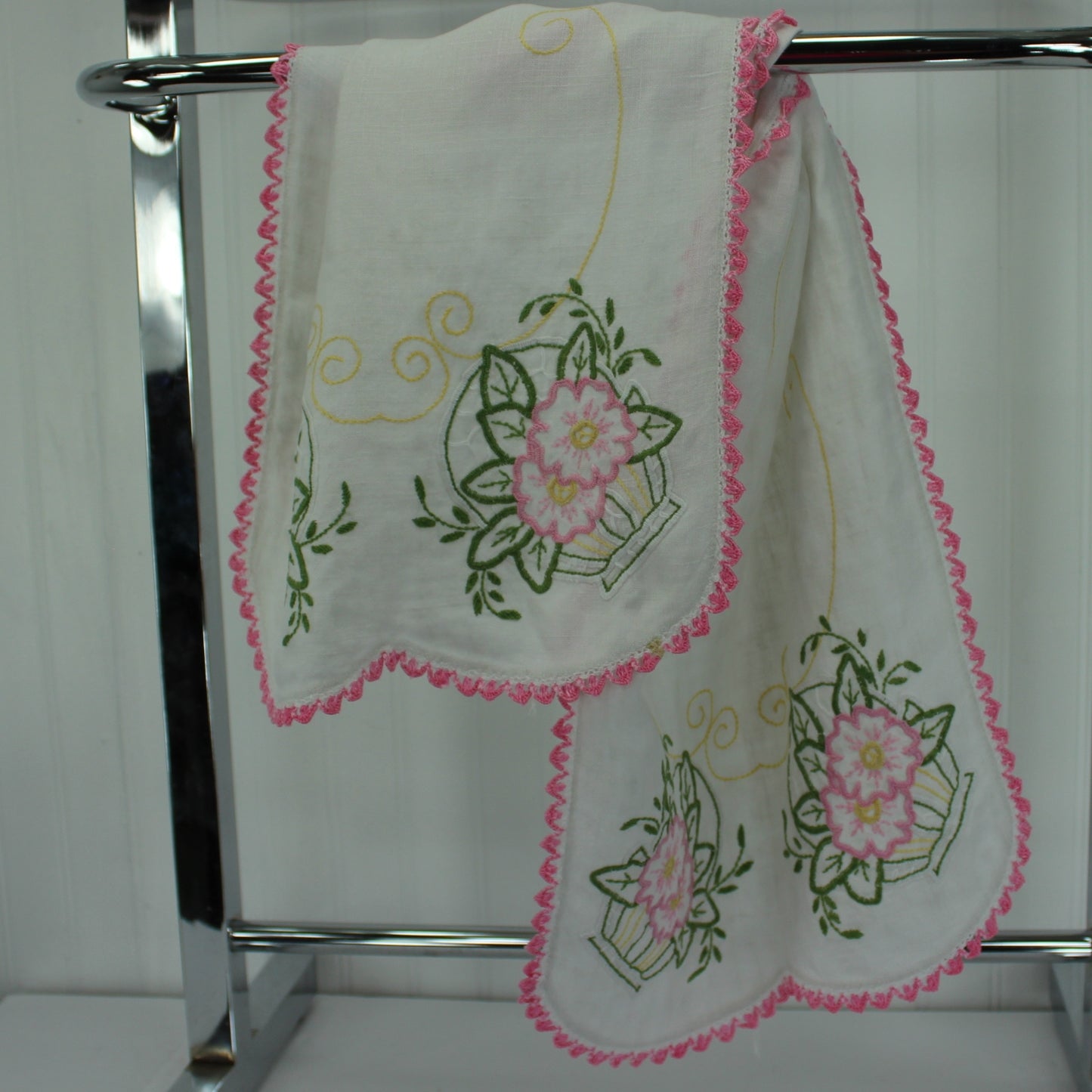 White Linen Table Center Runner Embroidered Flower Baskets Pink Green Crochet Edging design on both ends of runner