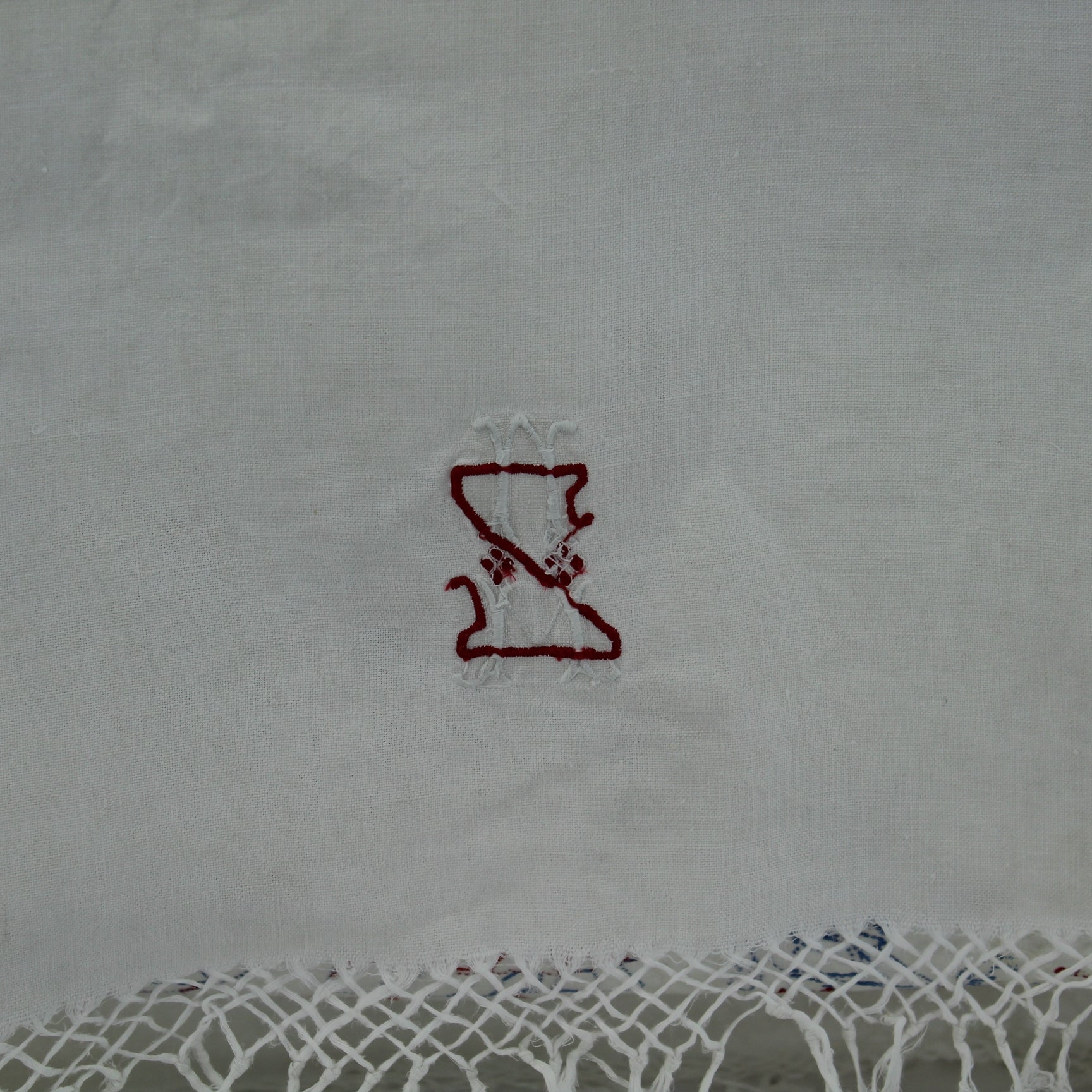 Embroidered Linen Collectible Runner "Kde domov muj" Czech National Anthem Decor Lace Edging closeup symbol end design