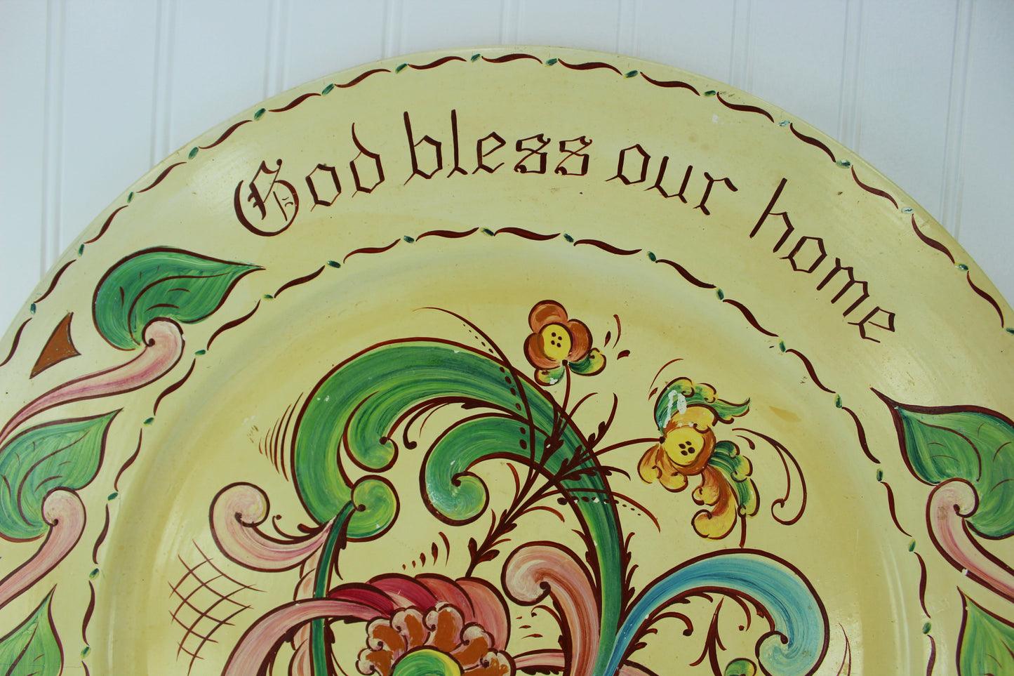 Rosemaled Wood Plate 20" Eleanor Erickson St Paul MN signed Solhaug Student Per Lysne inscribed God Bless Our Home