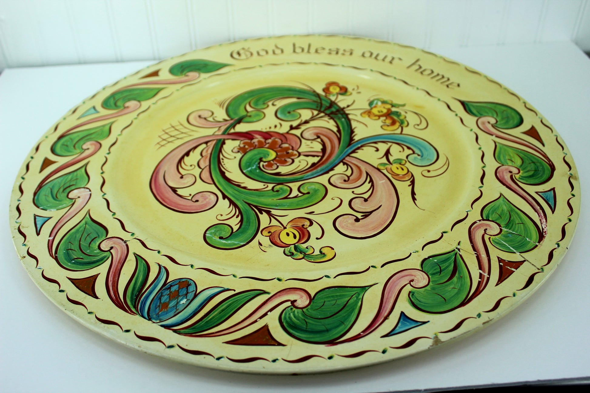 Rosemaled Wood Plate 20" Eleanor Erickson St Paul MN signed Solhaug Student Per Lysne substantial weight