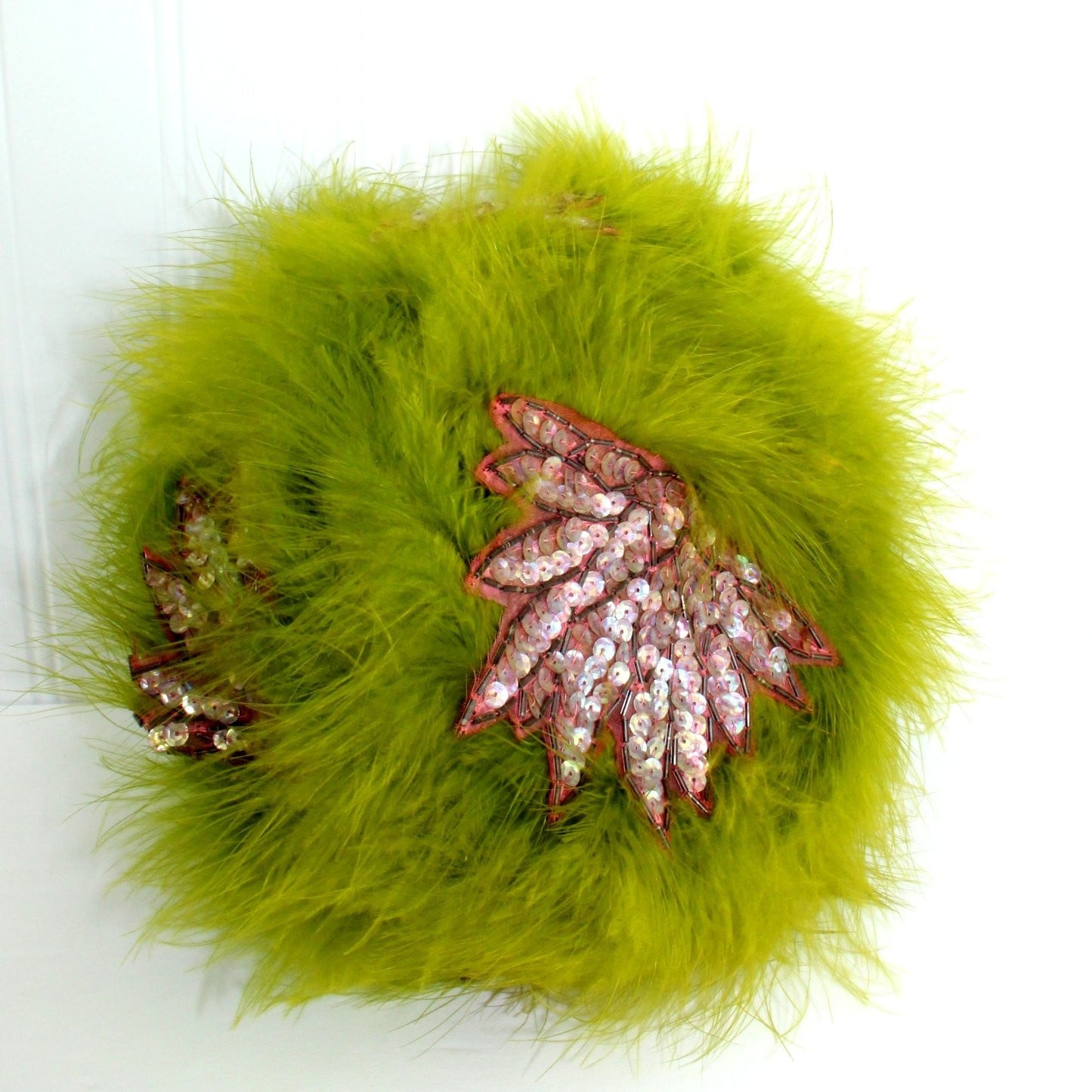 Union Made USA Vintage Cocktail Hat Ostrich Sequins 1940s Chartreuse Pink theater costume