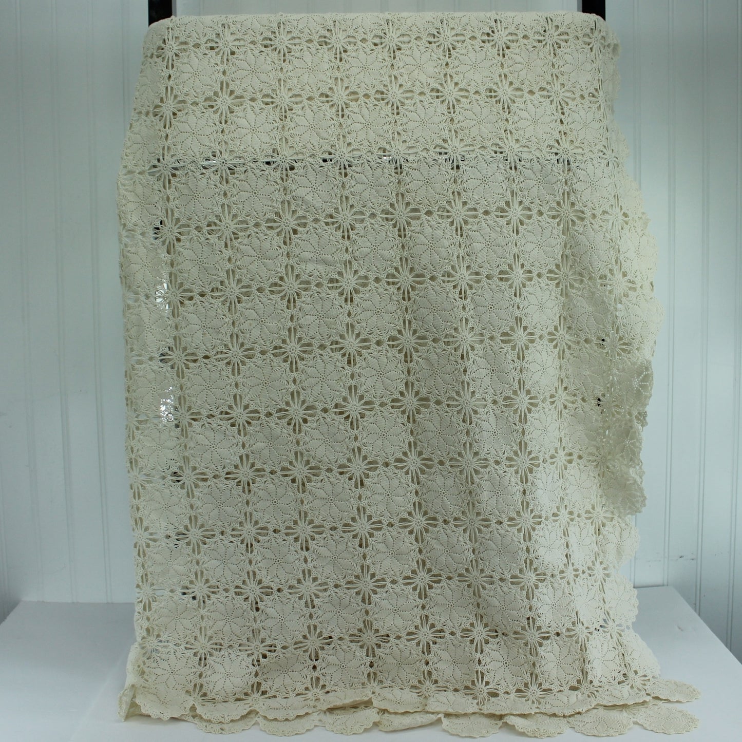 Bone Off White Crochet Tablecloth Fine Hand Made Beauty 58" X 76" Vintage