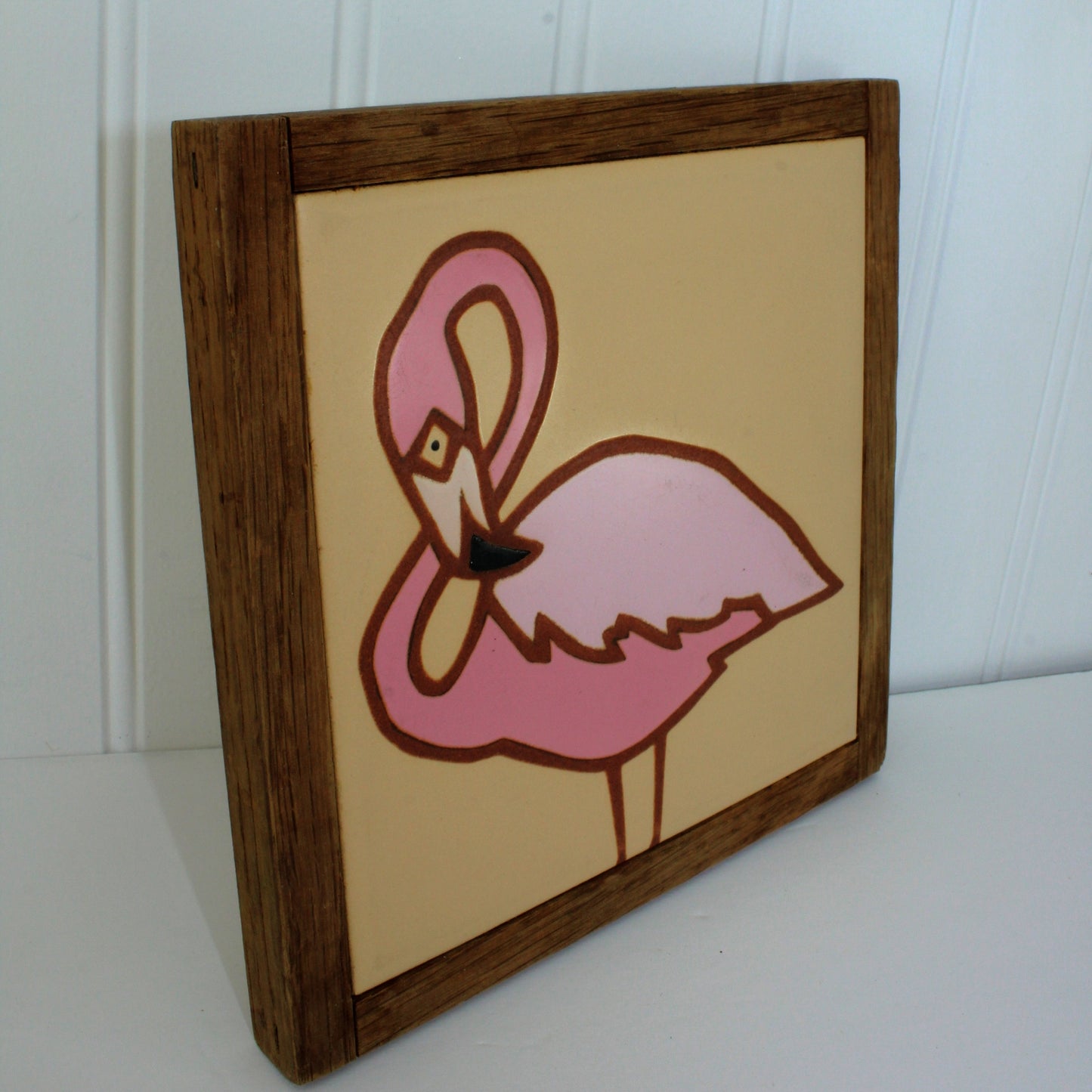 Glazin' Images Jane & Barb Tile Trivet - Flamingo series Wood Frame mod flamingo