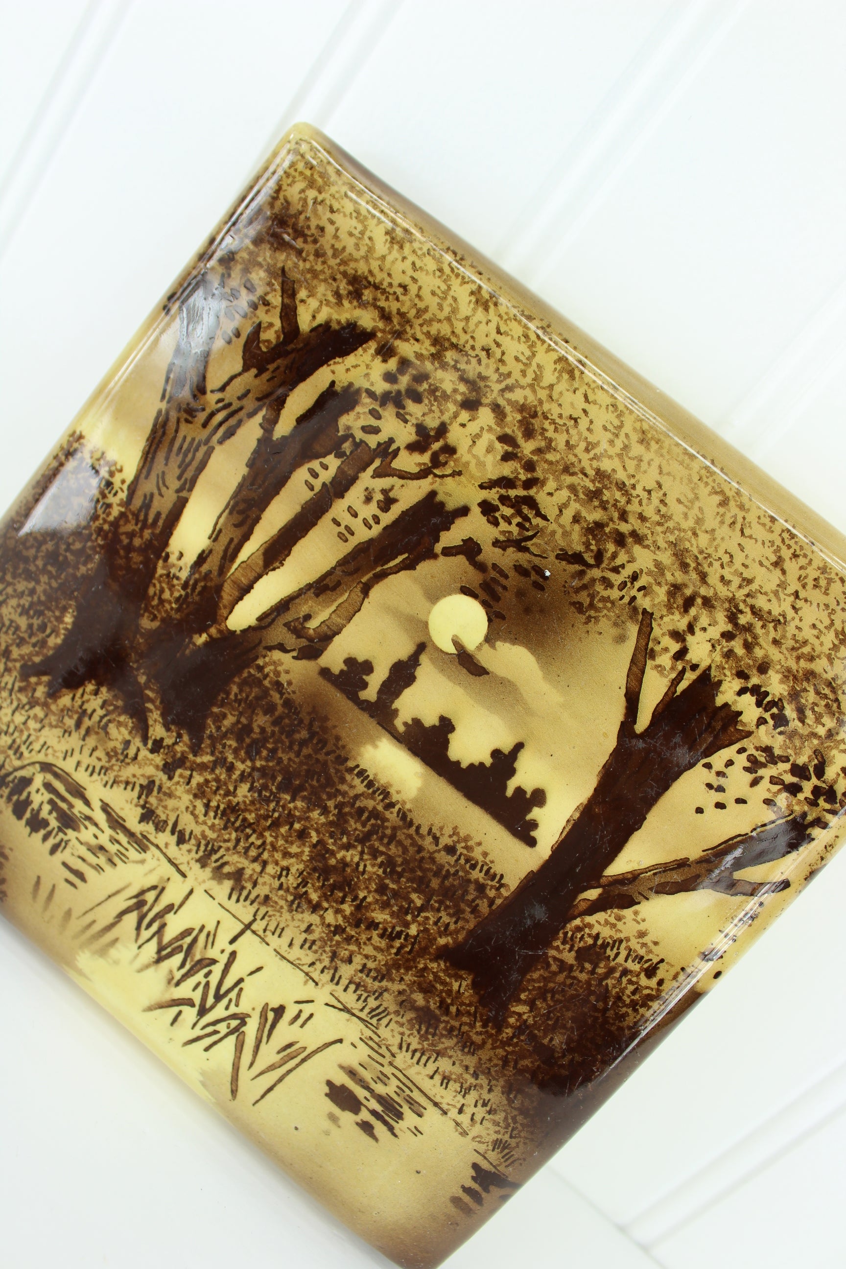 Ceramic Footed Trivet - Moonlight Woods Scene Browns Yellows 6" elegant ceramic