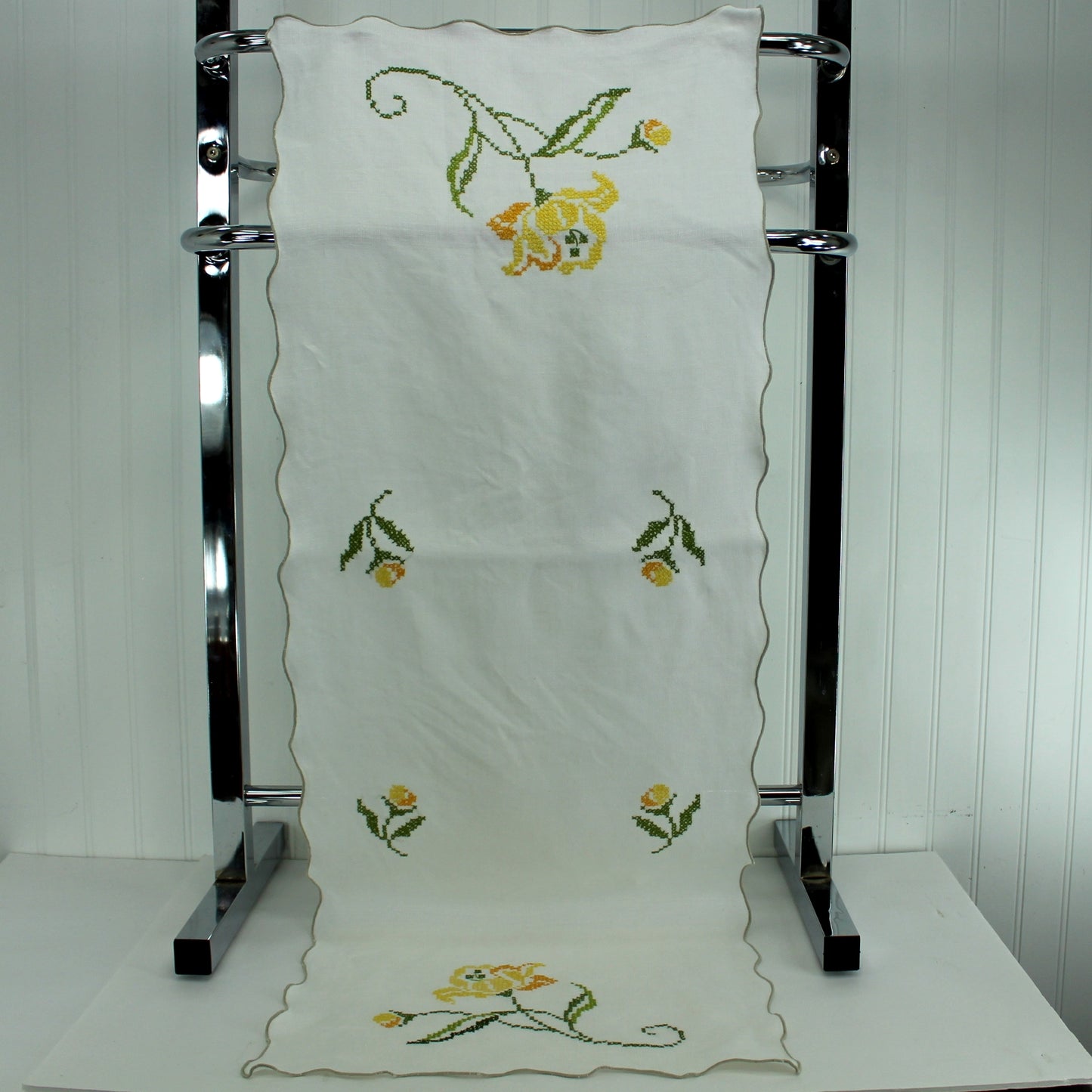 White Table Runner Heavy Linen Cross Stitch Embroidered Yellow Greens DIY Purse Fabric full length