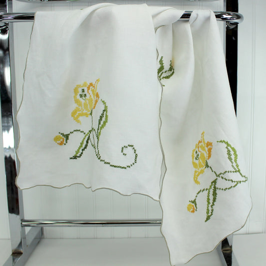 White Table Runner Heavy Linen Cross Stitch Embroidered Yellow Greens DIY Purse Fabric